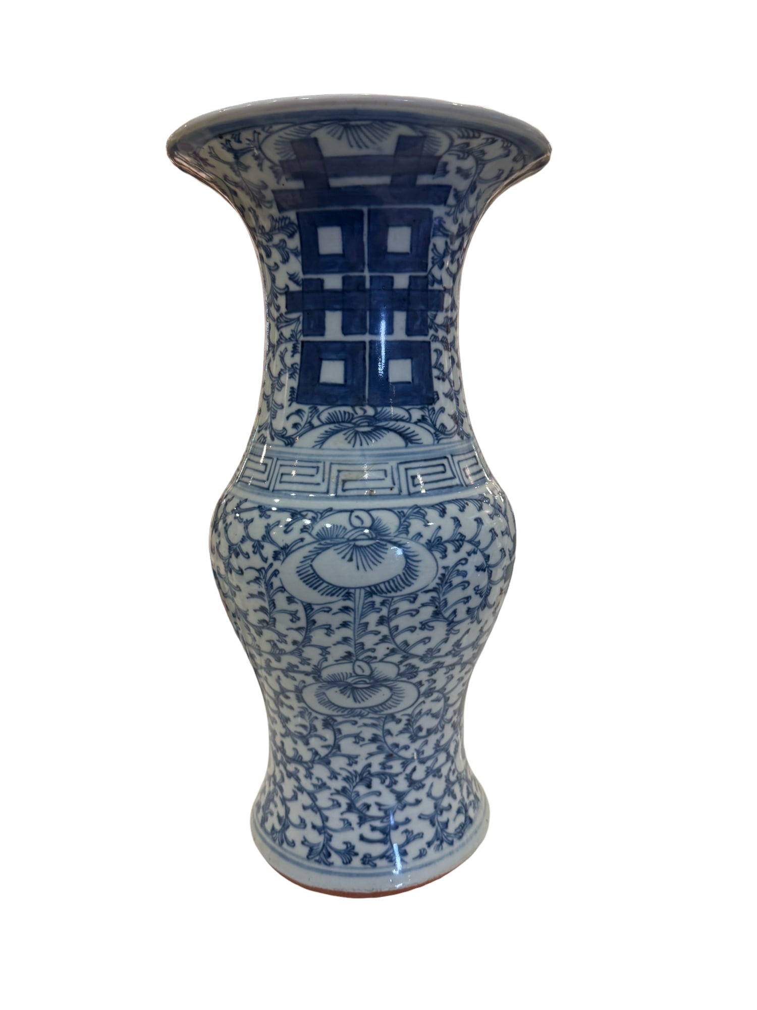 Antique Large Chinese Double Happiness Yen Yen Qing Dynasty Vase: **OUT OF HOUSE SHIPPING Antique Large Chinese Double Happiness Yen Yen Qing Dynasty Vase 15"H x about 8"W An antique porcelain yen yen vase decorated with lucky symbols and flower patterns. The double