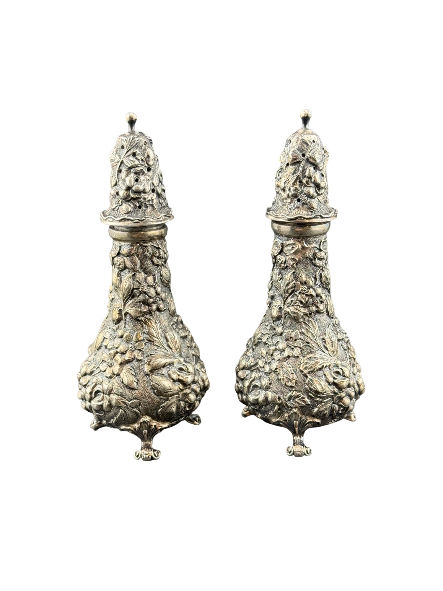 Stieff Sterling Silver Repousse Footed Salt and Pepper Shakers: PLEASE READ: In house shipping within the US. If you win this item, please select self arranged for in house shipping when paying invoice Stieff Sterling Silver Repousse Footed Salt and Pepper Shakers
