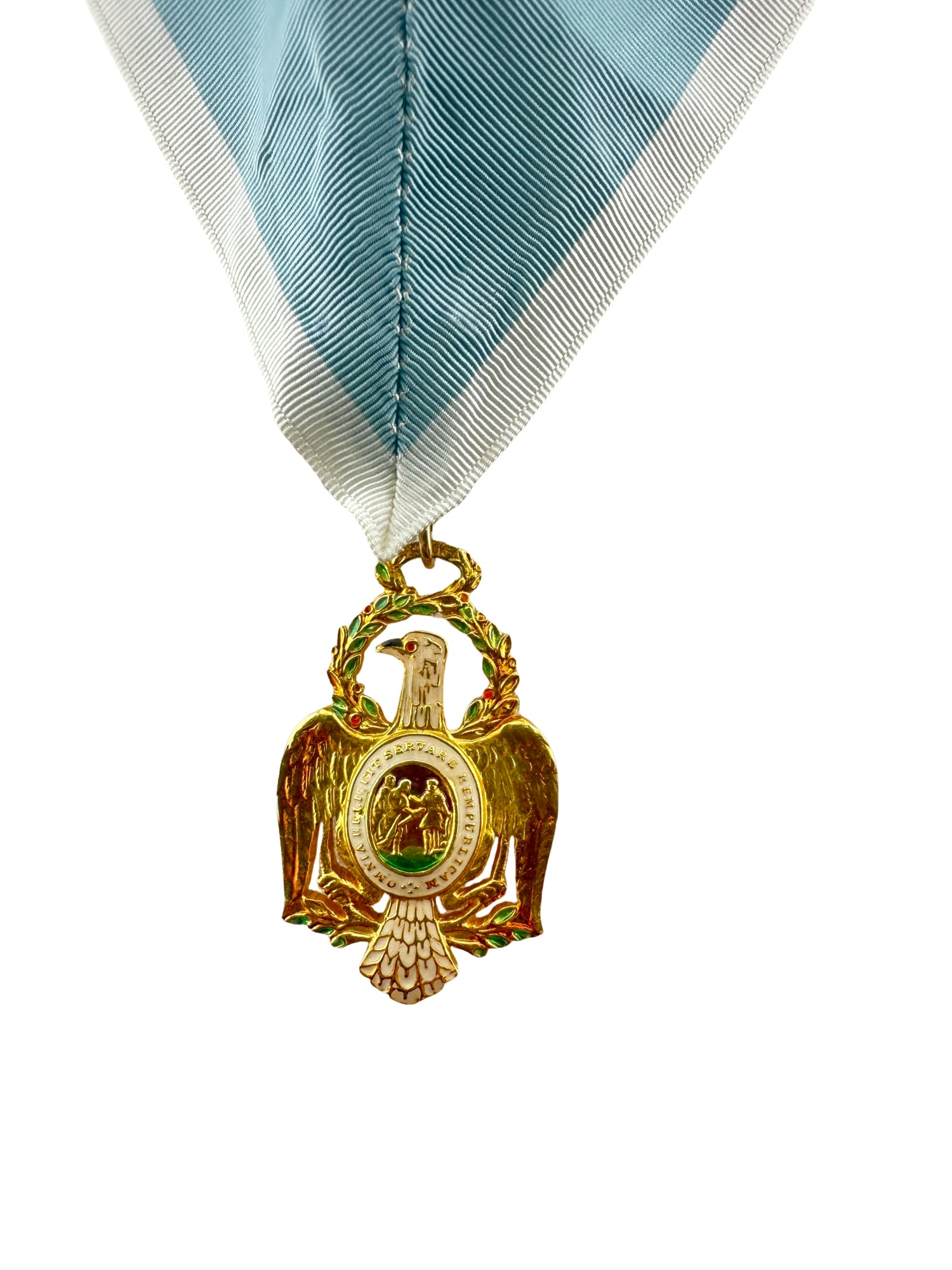 The Society of the Cincinnati Eagle Medal: United States. The Society of the Cincinnati Eagle Medal. New York Eagle (1919). A beautiful two piece construction eagle in Gold, left facing in the classic L’Enfant shape, presenting a white ename