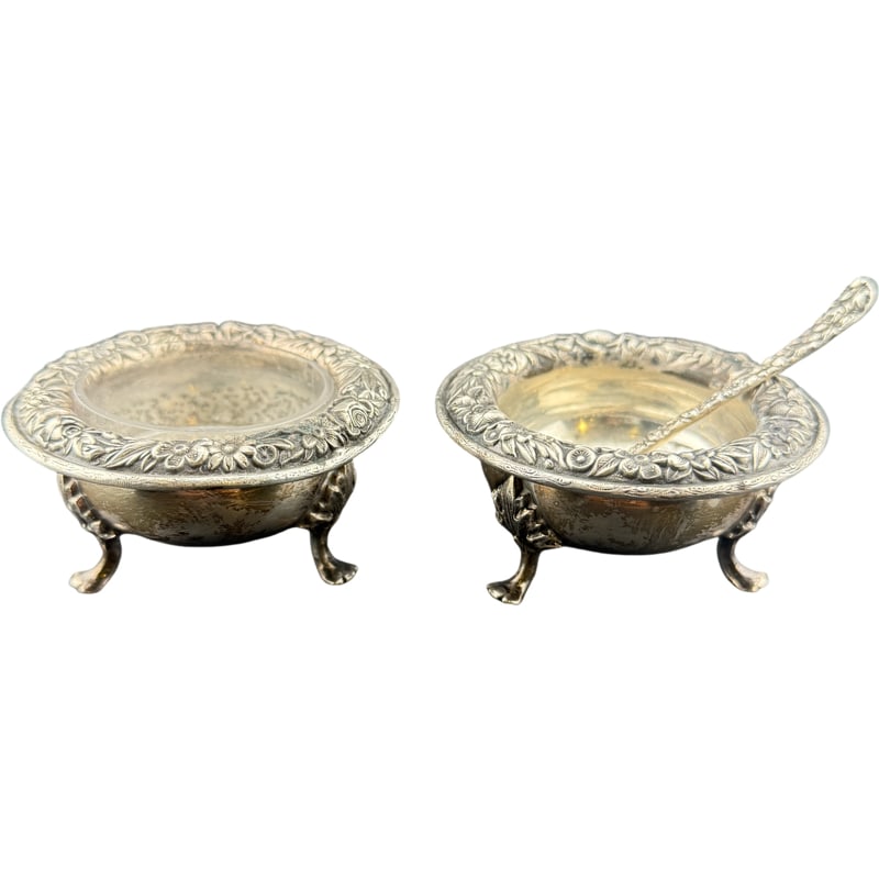 Pair S. Kirk And Son Sterling Silver Rose Salt Cellars with Sterling Spoon (1 of 4)