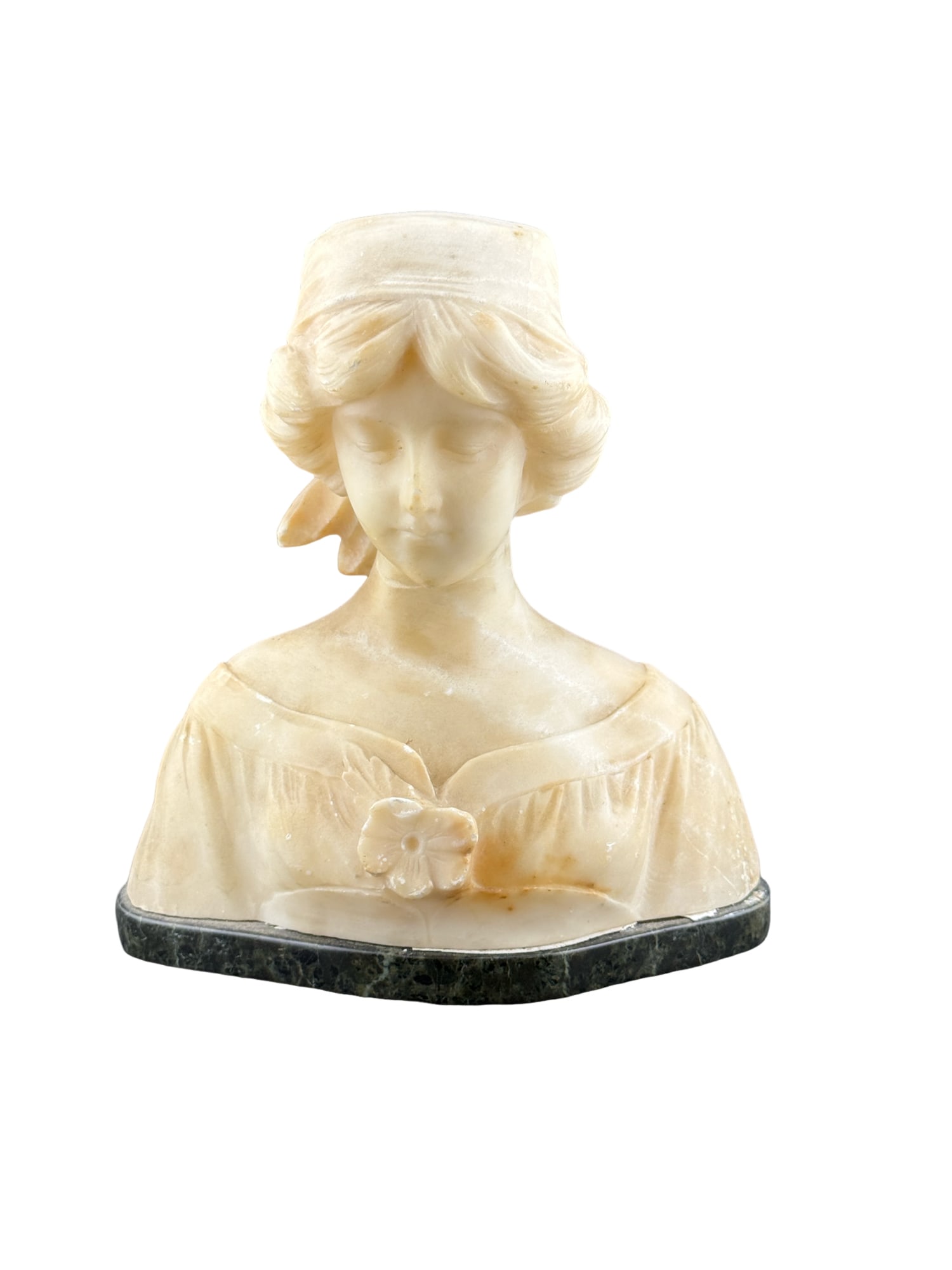 Vintage Alabaster Sculpture Bust of a Woman on Black Marble Plinth by Galileo Pochini: PLEASE READ: in house shipping within the US If you win this item, please select self arranged for in house shipping when paying invoice Vintage Alabaster Sculpture Bust of a Woman on Black Marble Pli
