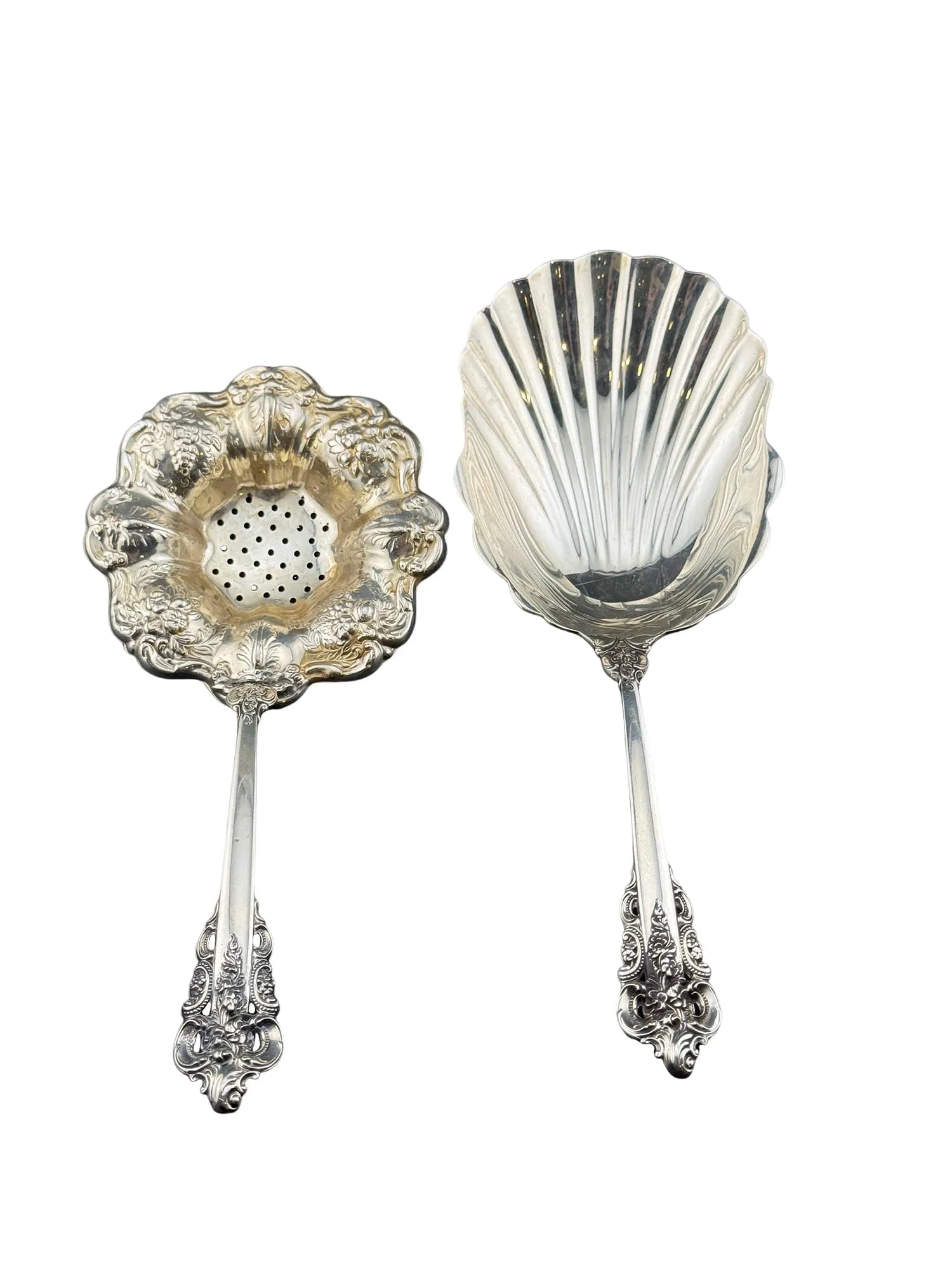 Wallace Sterling Silver Grand Baroque Tea Strainer and Large Serving Spoon: PLEASE READ: in house shipping within the US If you win this item, please select self arranged for in house shipping when paying invoice Wallace Sterling Silver Grand Baroque Tea Strainer and Large