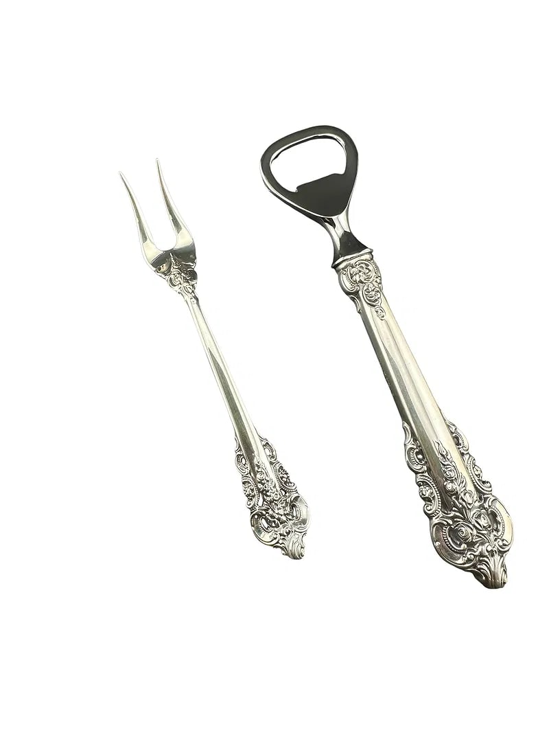 Grande Baroque Wallace Sterling Silver Olive/Pickle Fork and Bottle Opener: PLEASE READ: In house shipping within the US. If you win this item, please select self arranged for in house shipping when paying invoice Grande Baroque Wallace Sterling Silver olive/pickle fork and