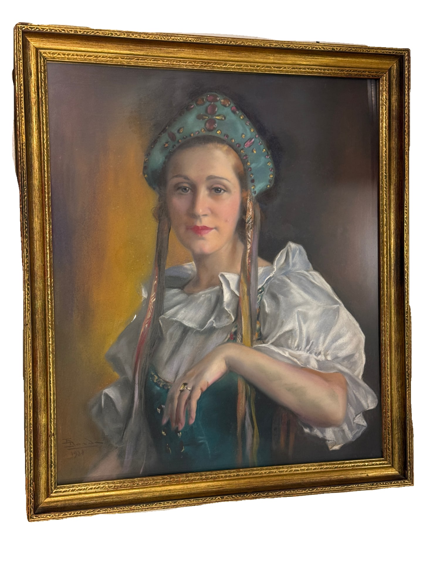1938 Original Framed Pastel of a Woman by E. Dozda Signed: **OUT OF HOUSE SHIPPING 1938 Original Framed Pastel of a Woman by E. Dozda Signed 32" x 28"