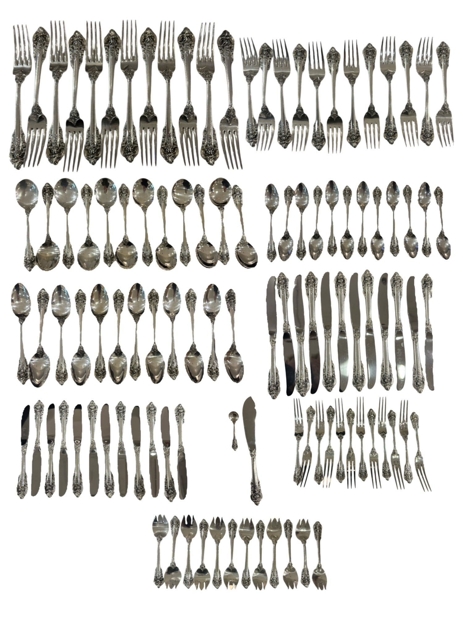 Sterling Silver Grand Baroque Flatware Set - Set of 112 Pieces: PLEASE READ: in house shipping within the US If you win this item, please select self arranged for in house shipping when paying invoice **Please reach out if you do not want box for cheaper shipping 