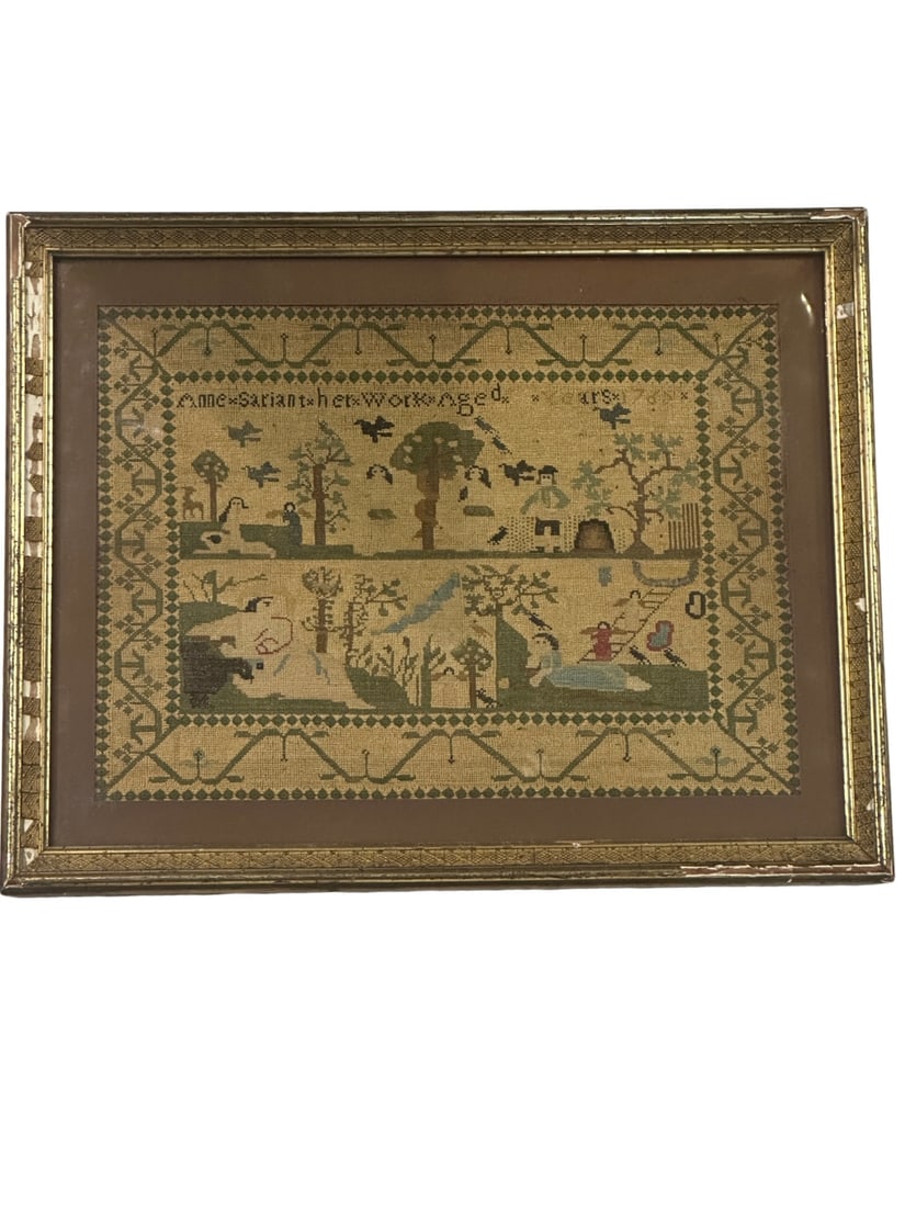 18th Century Adam & Eve Biblical Needlework Sampler, signed and Dated Anne Sarian 1765 (1 of 9)