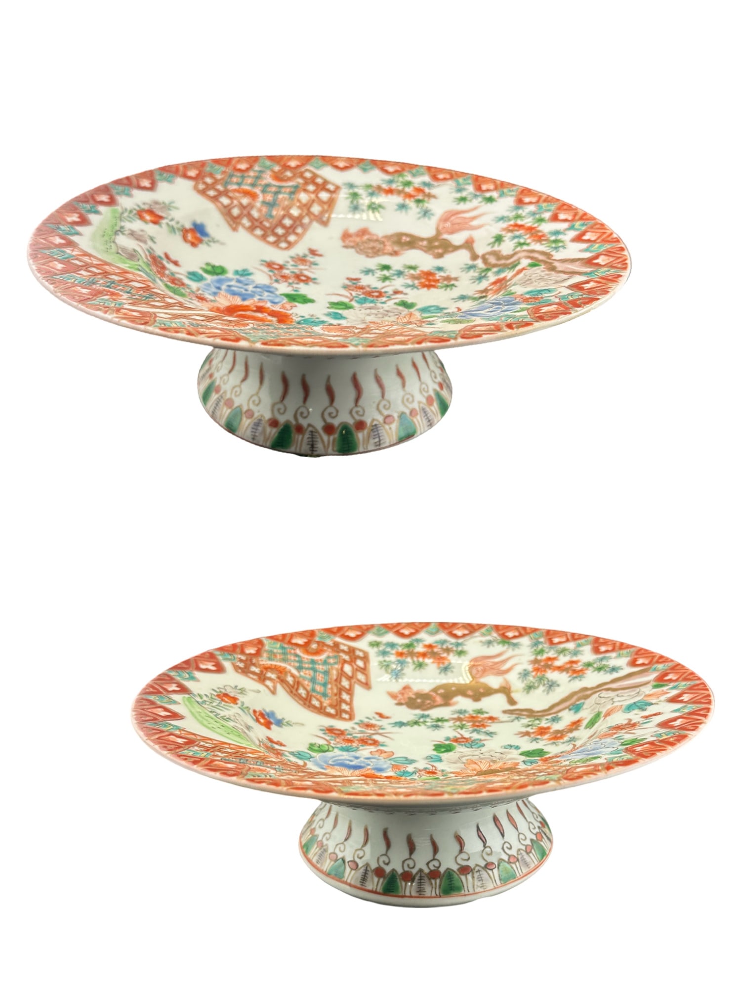 Antique Japanese Porcelain Pedestal Tray Pair- Kutani style: PLEASE READ: in house shipping within the US If you win this item, please select self arranged for in house shipping when paying invoice Antique Pair of Japanese Porcelain pedestal plate from the 1800