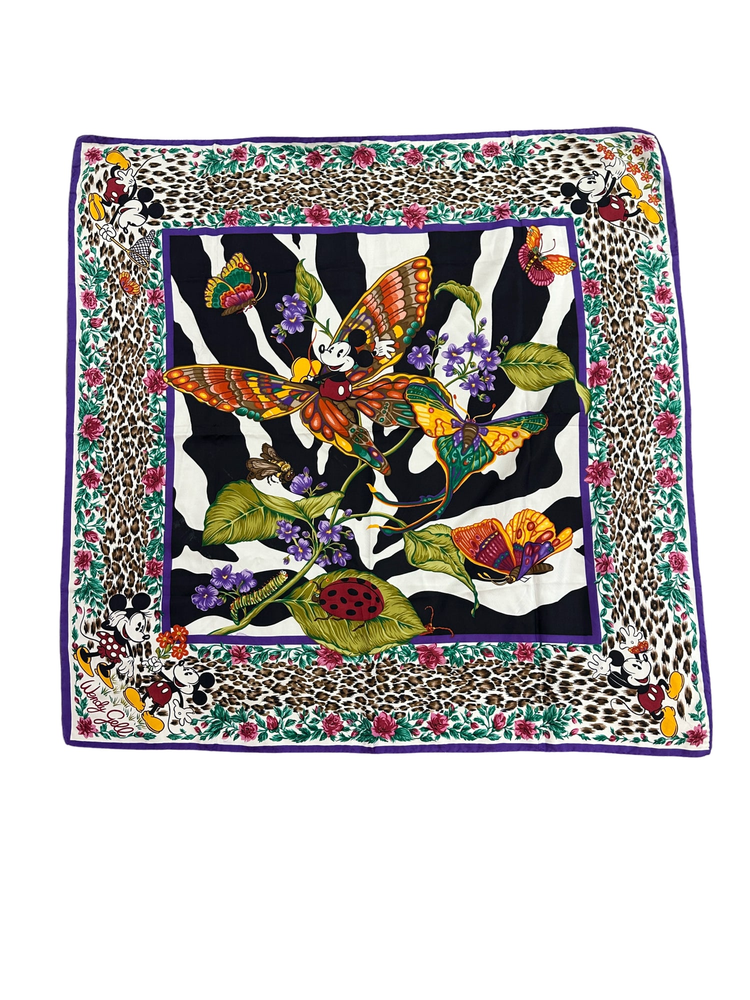 Wendy Gell Mickey Mouse Disney Silk Scarf: PLEASE READ: in house shipping within the US If you win this item, please select self arranged for in house shipping when paying invoice. Made in Italy silk scarf with Mickey Mouse riding a butterfly.