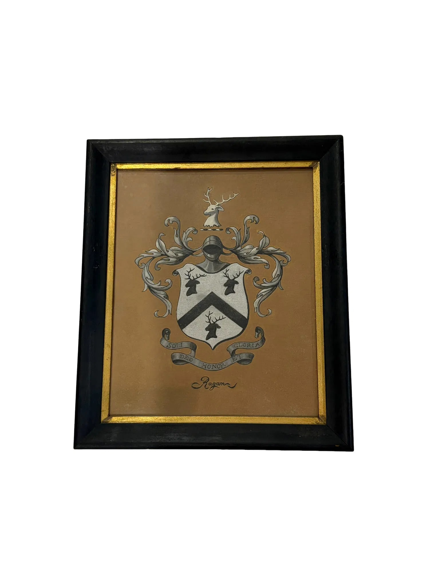 Antique Painting Coat Of Arms - Ragan Family Crest: ** OUT OF HOUSE SHIPPING Framed Ragan Family coat of arms, silver shield with three stags, a knights helm crest, and the Latin motto "Soli Deo Honor et Gloria" ("To God Alone be Honor and Glory") Blac