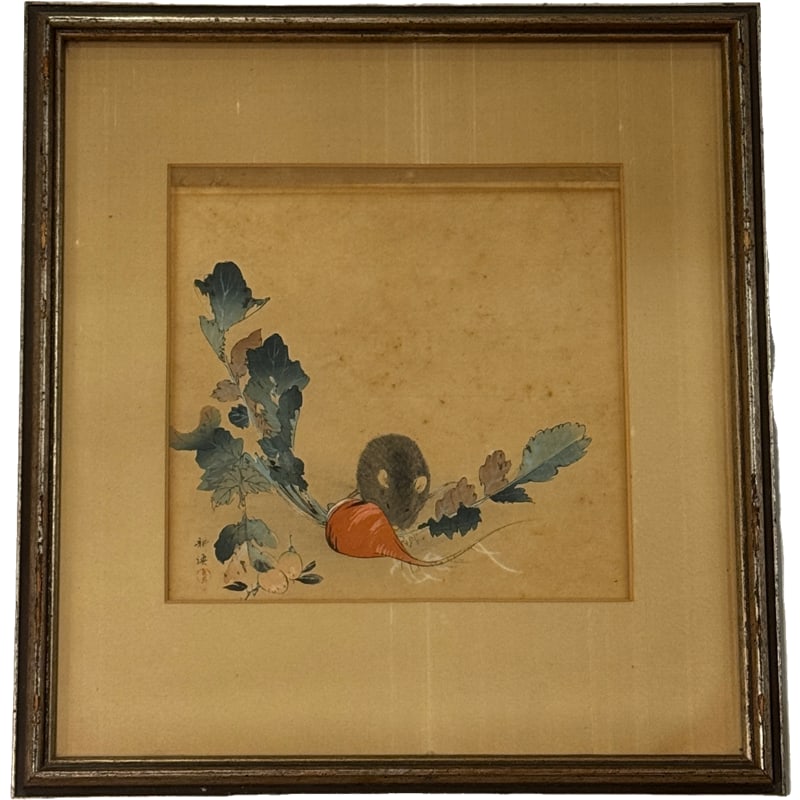 19th Century Tsukioka Kogyo Japanese Woodblock Print Rat and Radish: **OUT OF HOUSE SHIPPING 19th Century Tsukioka Kogyo Japanese Woodblock Print Rat and Radish frame: 17" x 16" sight: 9.5" x 9.75" From the Charleston Estate of Charlie Prioleau Paul next lot is matchin