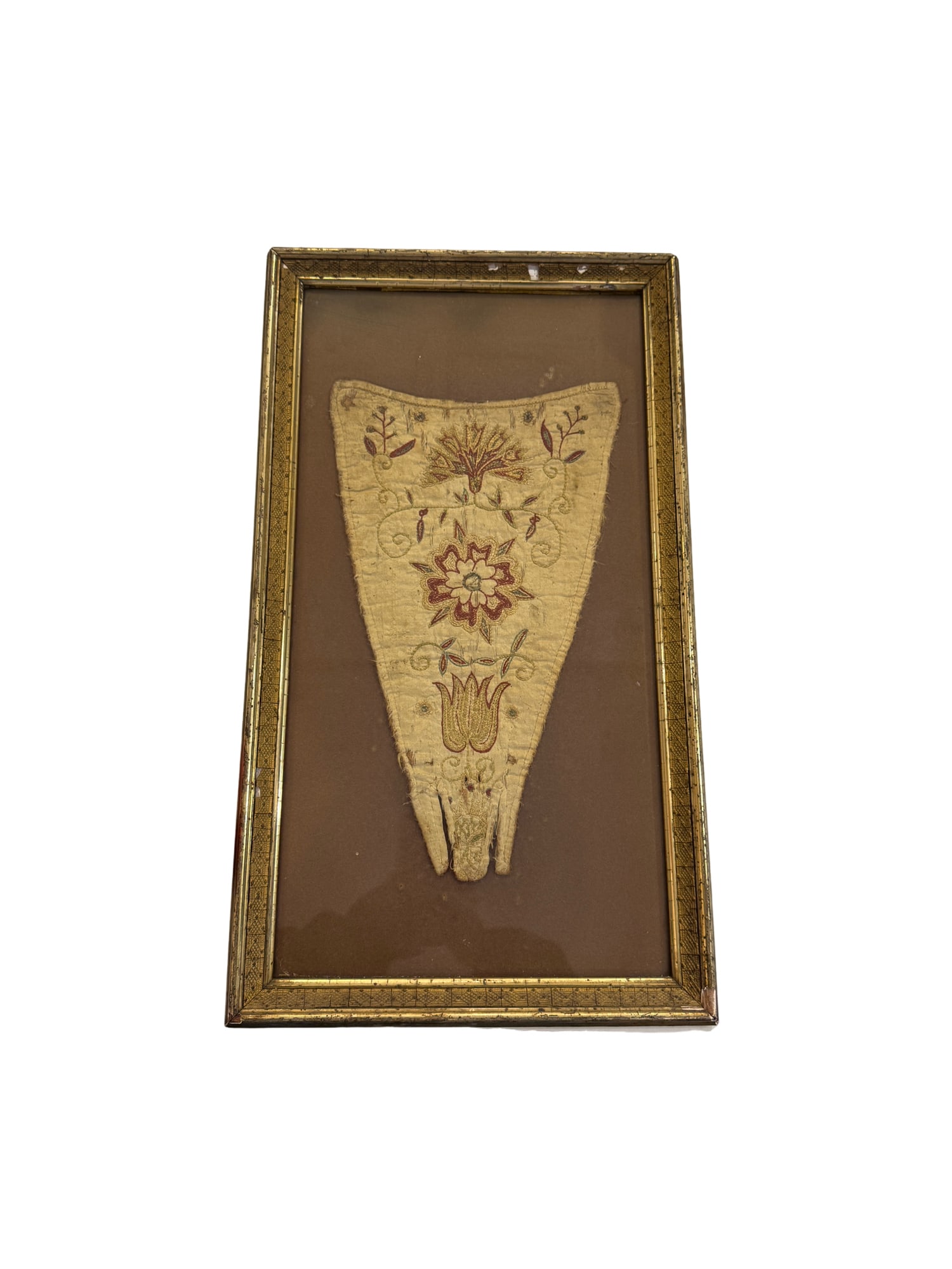 18th Century Antique Stomacher Panel Framed: **OUT OF HOUSE SHIPPING 18th Century Antique Stomacher Panel Framed 20.5"L x 11.5"W framed 13"L x 8"W sight A stomacher is a v-shaped decorative panel pinned or laced to the front of a woman's bodice 