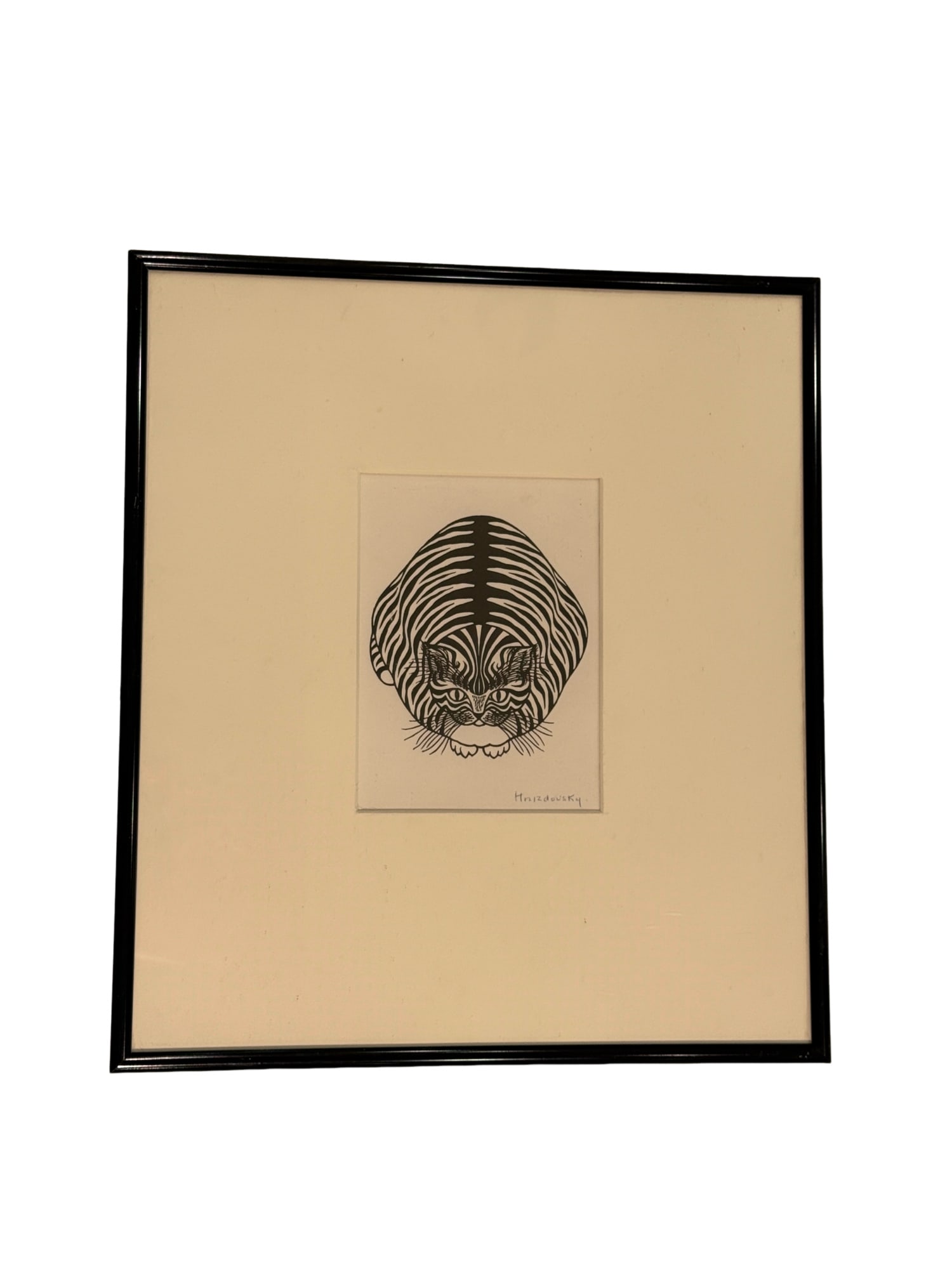 "The Cat" by Jacques Hnizdovsky Post Card with Original Signature?: **OUT OF HOUSE SHIPPING "The Cat" by Jacques Hnizdovsky Post Card with Original Signature? 15" x 13" framed 6.5" x 4.5" sight