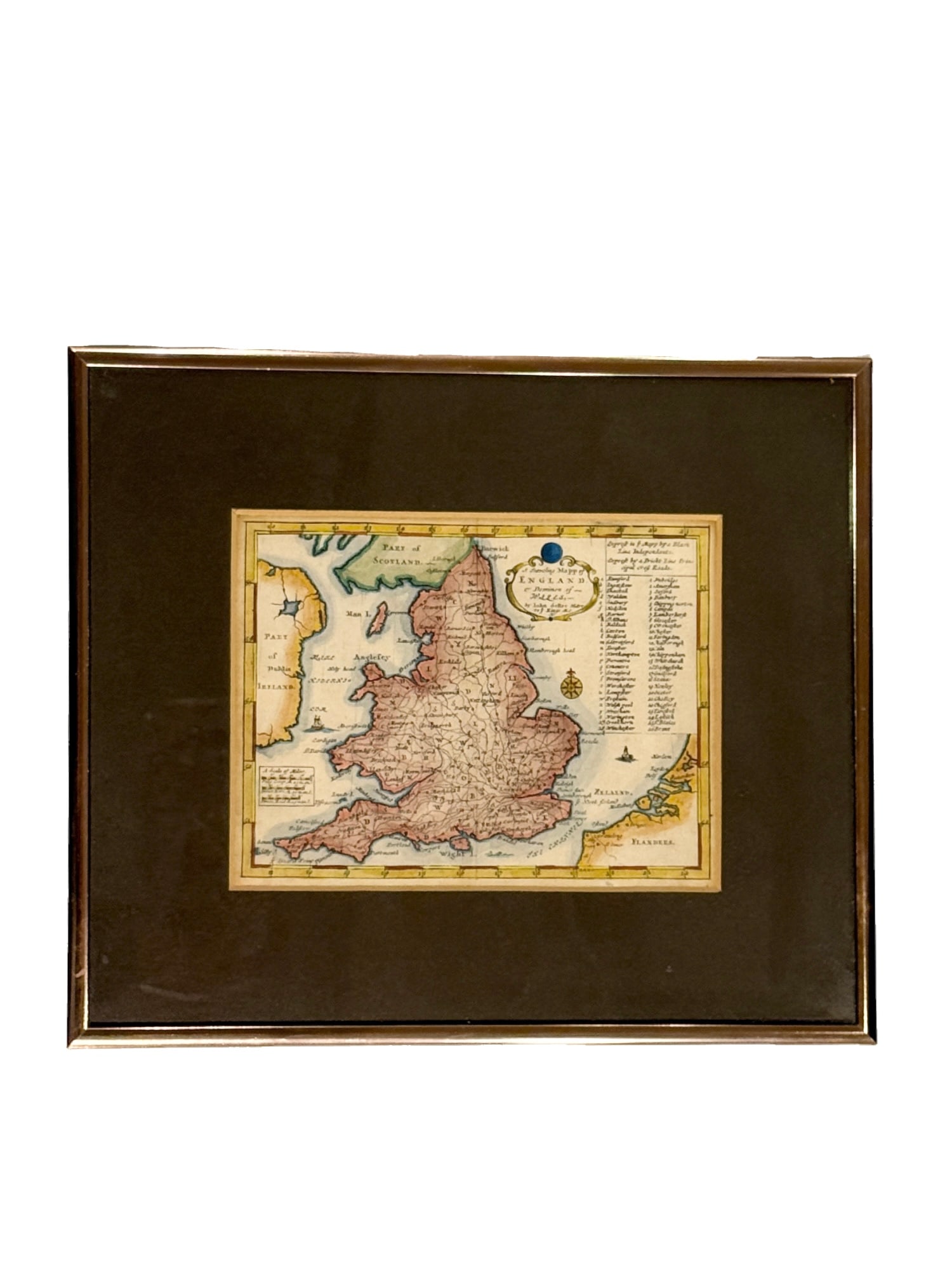 Rare Antique "A Traveling Mapp of England & Dominion of Wales" by John Seller Original Map: **OUT OF HOUSE SHIPPING Antique "A Traveling Mapp of England & Dominion of Wales" by John Seller Original Map 10.5"W x 9"L framed 6.25"W x 4.75"L sight Miniature map of Enland with part of Ireland, Sc