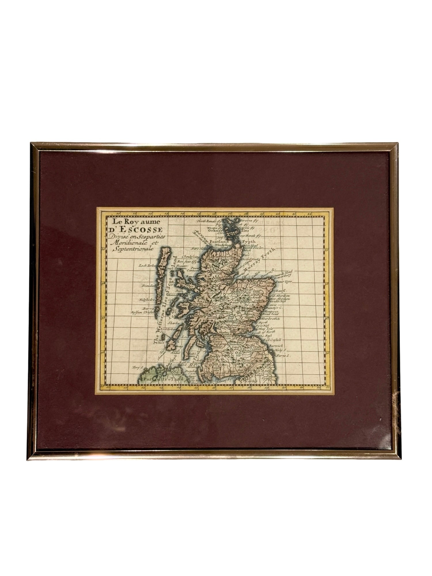 "Le Royaume d'Escosse" by Jacques Benigne Bossuet c. 1722 Original Antique Engraved Map: **OUT OF HOUSE SHIPPING "Le Royaume d'Escosse" by Jacques Benigne Bossuet c. 1722 Original Antique Engraved Map 10.5"W x 9"L framed 6.75" x 5.5"L sight This miniature map of Scotland is based on Sanso