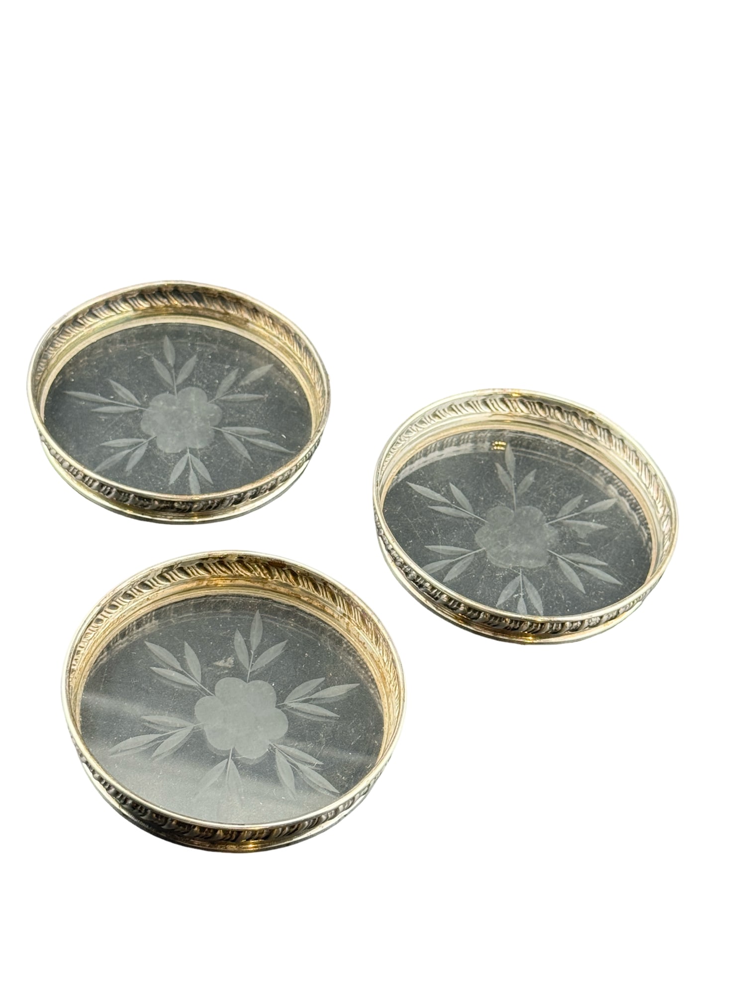 Sterling Silver and Etched Crystal Decorative Coasters: PLEASE READ: In house shipping within the US. If you win this item, please select self arranged for in house shipping when paying invoice Sterling Silver and Etched Crystal Decorative Coasters 56