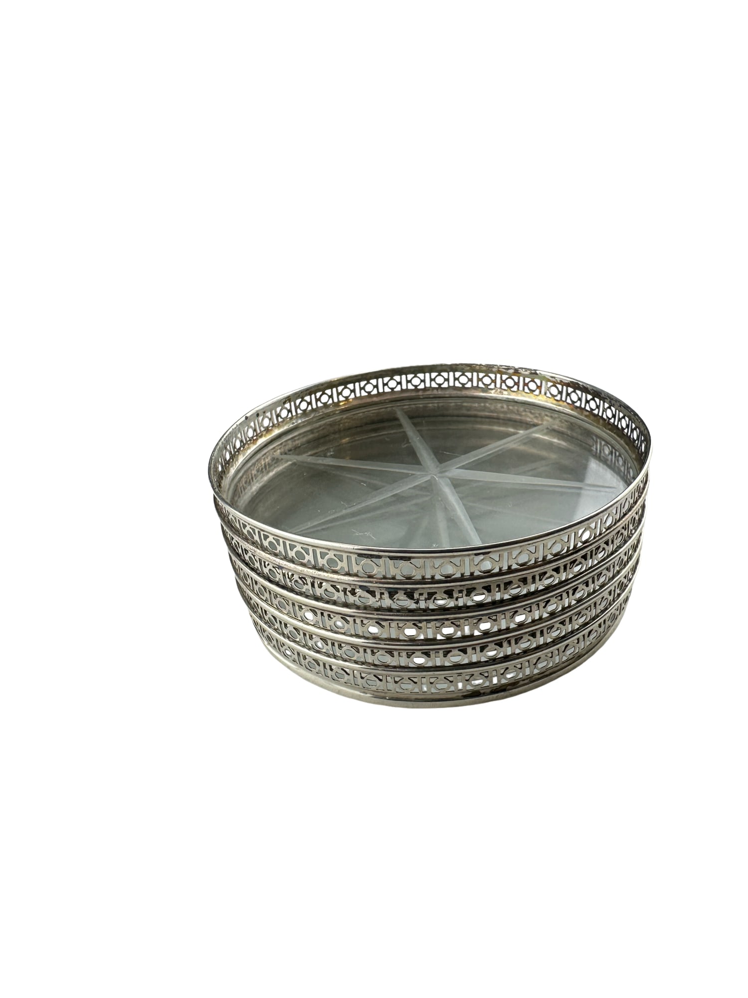 Webster & Co Geometric Pierced Set of 5 Sterling and Crystal Coasters: PLEASE READ: in house shipping within the US If you win this item, please select self arranged for in house shipping when paying invoice. WEBSTER & CO GEOMETRIC PIERCED SET 5 STERLING AND CRYSTAL