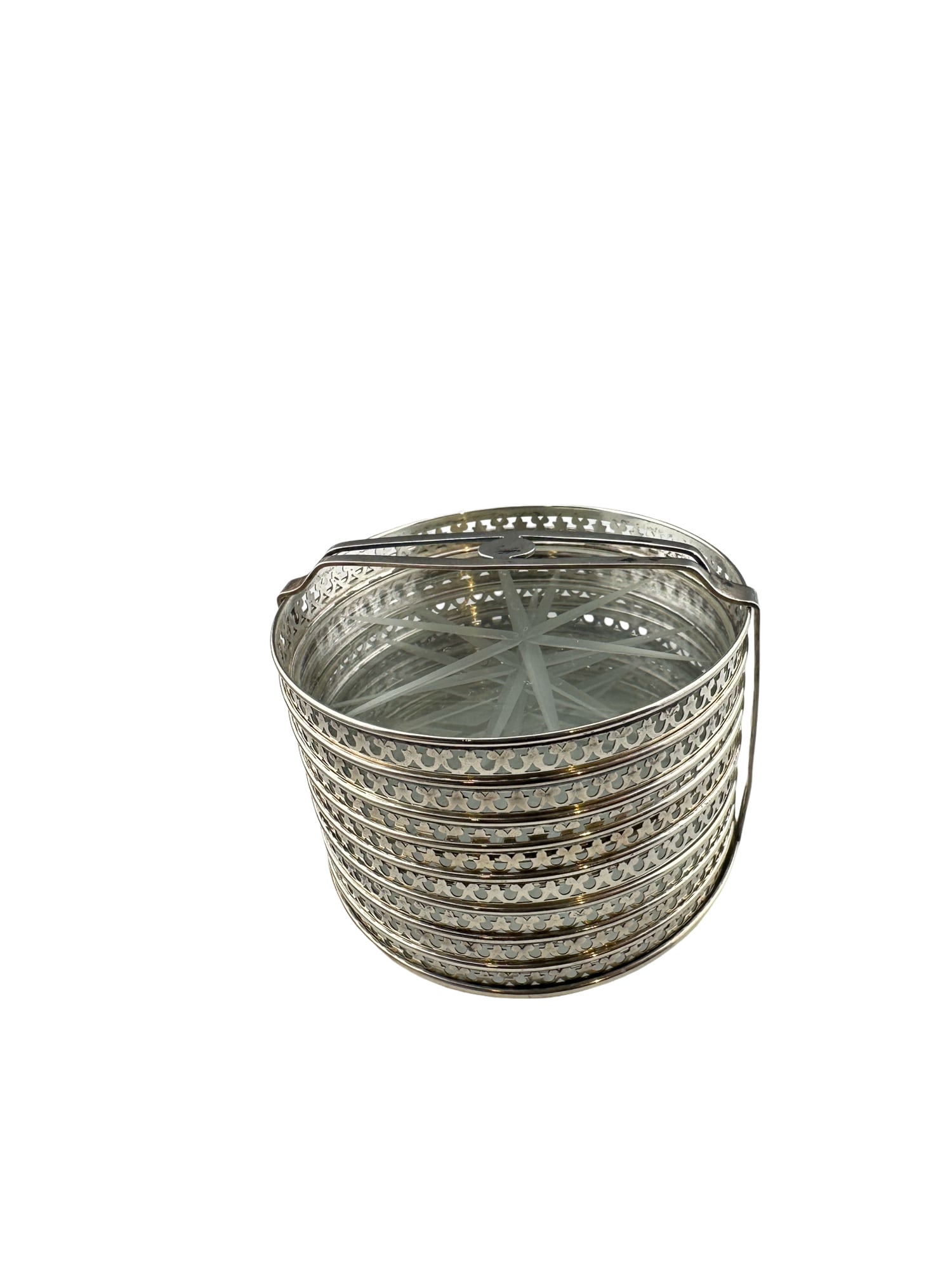 Art Deco Webster Set of 6 Glass Coasters With Sterling Silver Rims And caddy: Art Deco Webster Set of 6 Glass Coasters With Sterling Silver Rims And caddy 3"hx3"w