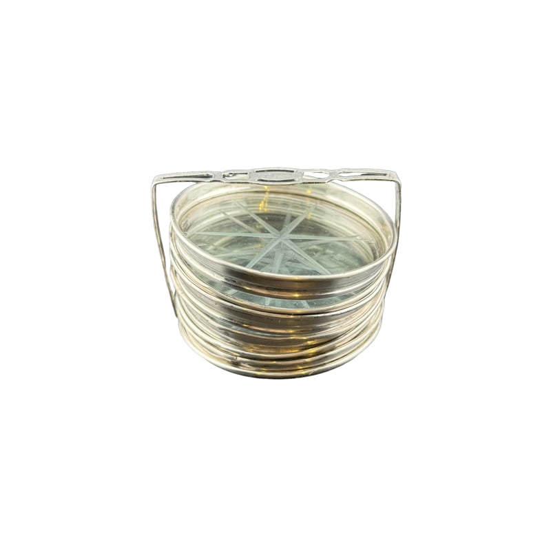 M. Fred Hirsch Sterling Silver Etched Coasters Set: PLEASE READ: In house shipping within the US. If you win this item, please select self arranged for in house shipping when paying invoice holder: 2.5"H x 3.5" coaster: 3.25" total weight: 179 grams