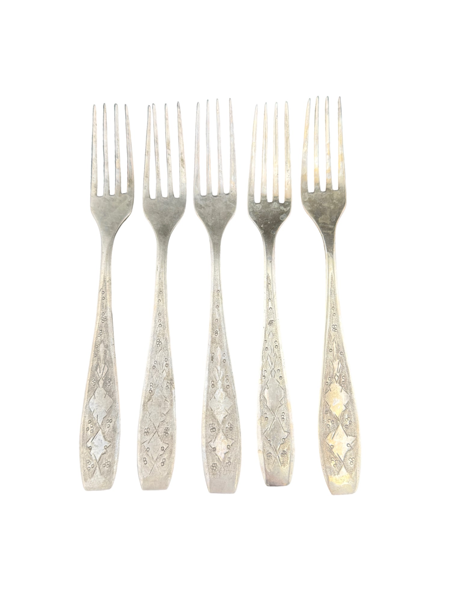 Etched Persian/Islamic Brass/Silver? Flatware - 5 Forks: PLEASE READ: In house shipping within the US. If you win this item, please select self arranged for in house shipping when paying invoice Etched Persian/Islamic Brass/Silver? Flatware - 5 Forks 7.5"L