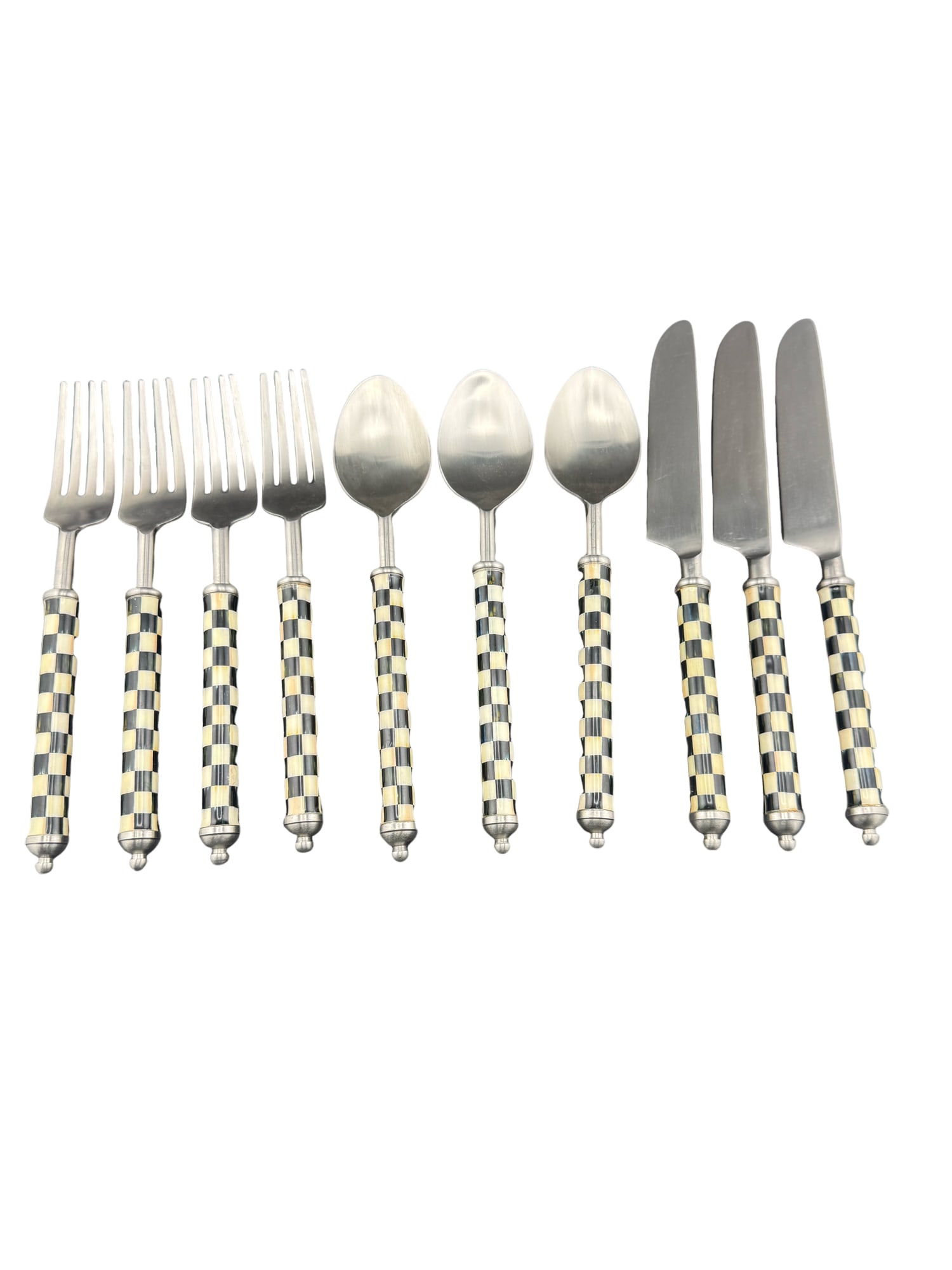 Mackenzie Childs Checkered Flatware Set - 10 Pieces: PLEASE READ: In house shipping within the US. If you win this item, please select self arranged for in house shipping when paying invoice Mackenzie Childs Checkered Flatware Set - 10 Pieces Forks: 8"L