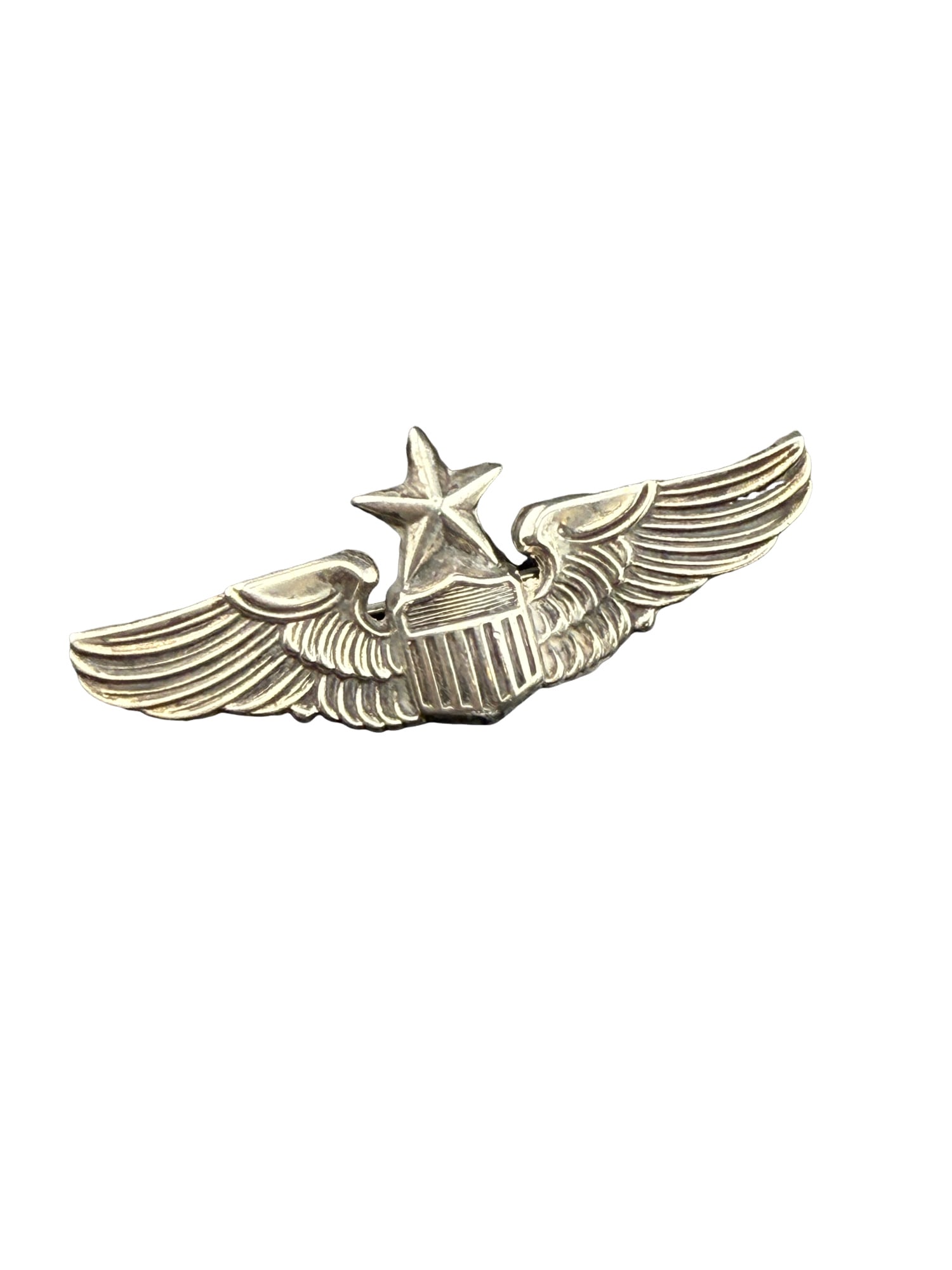 WWII US Air Force Senior Pilot Sterling Silver Wings Pin: PLEASE READ: in house shipping within the US If you win this item, please select self arranged for in house shipping when paying invoice. WWII US Air Force Senior Pilot Sterling Silver Wings Pin 8 gra