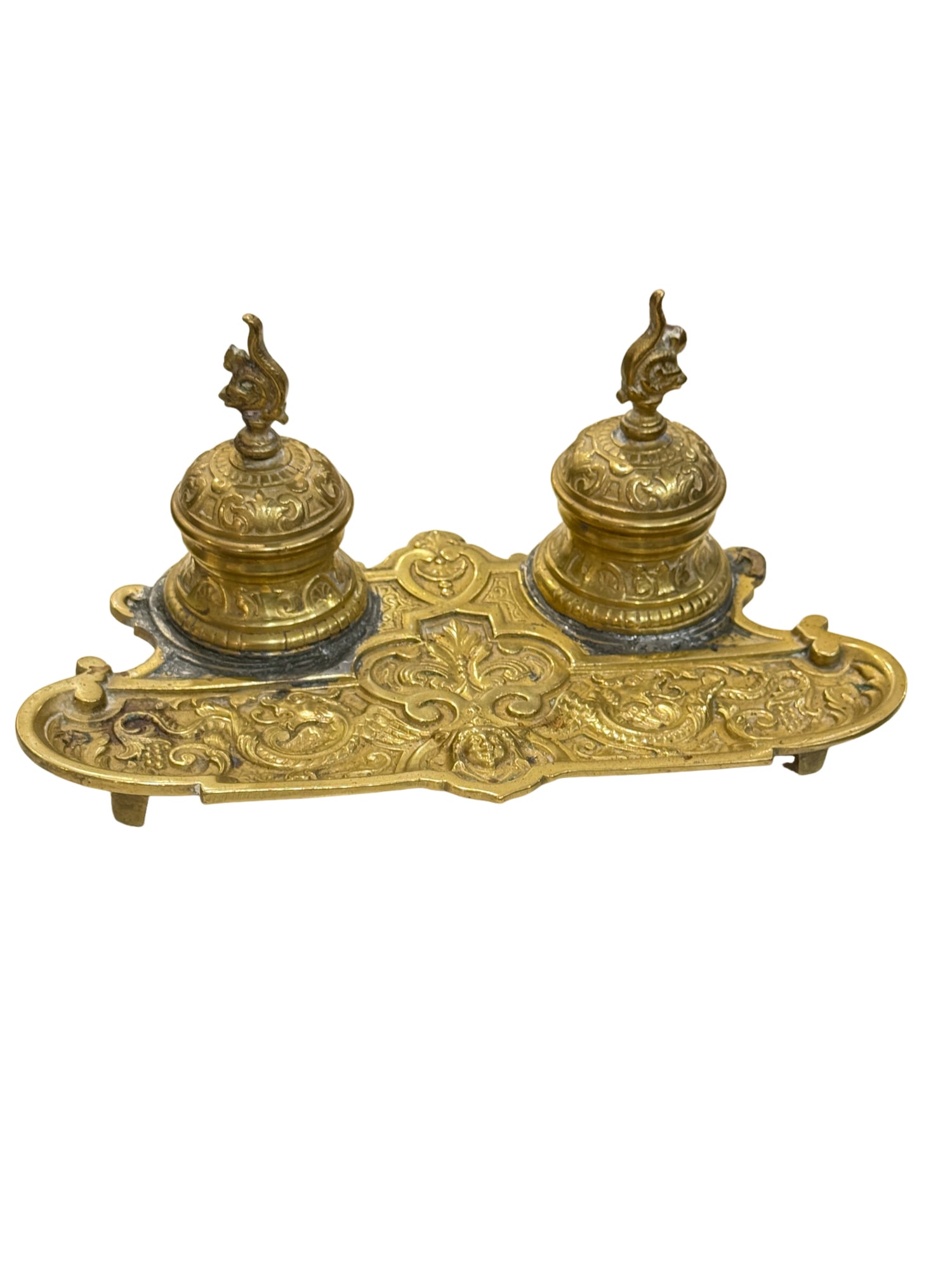 Antique Depose Style Brass Double Inkwell: PLEASE READ: in house shipping within the US If you win this item, please select self arranged for in house shipping when paying invoice Antique Depose Style Brass Double Inkwell 8.5"W x 4"H x 5"D Fro