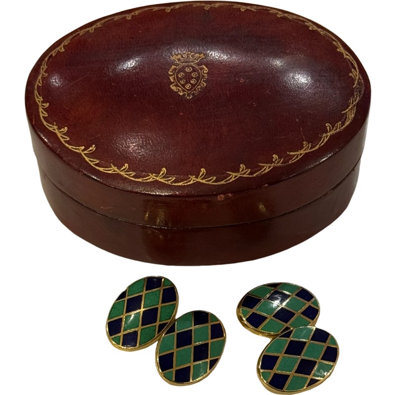 Pair Blue and Green Enamel Cufflinks with Amazing Red Leather Box: PLEASE READ: in house shipping within the US If you win this item, please select self arranged for in house shipping when paying invoice .75" x .25" From the Charleston Estate of Charlie Prioleau Paul