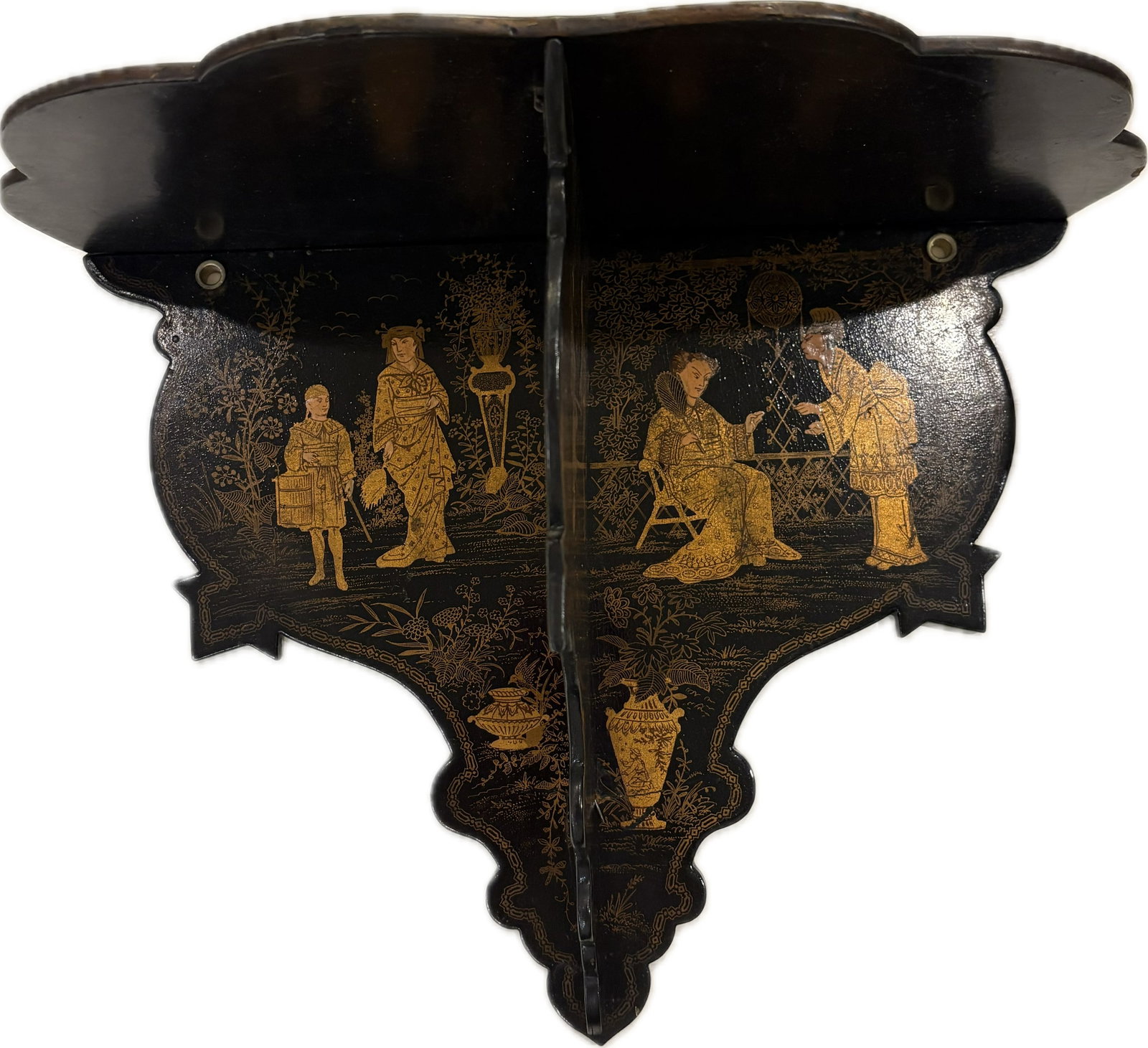Antique Chinoiserie Folding Wall Shelf: Highly detailed scenic paintings in shades of gold, brown and cream. Lacquered hinged wall shelf with mounting holes at the top. Dimensions: W: 13.5" L: 10.5" Protrudes from the wall at approximately 