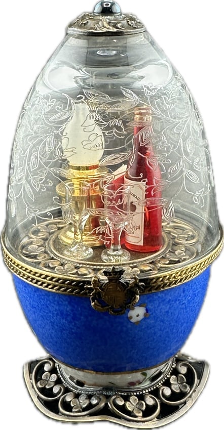 Etched Glass Domed Peint Main Limoges France with Miniatures Inside: PLEASE READ: in house shipping within the US If you win this item, please select self arranged for in house shipping when paying invoice. A rare Limoges France painted porcelain glass domed egg which 