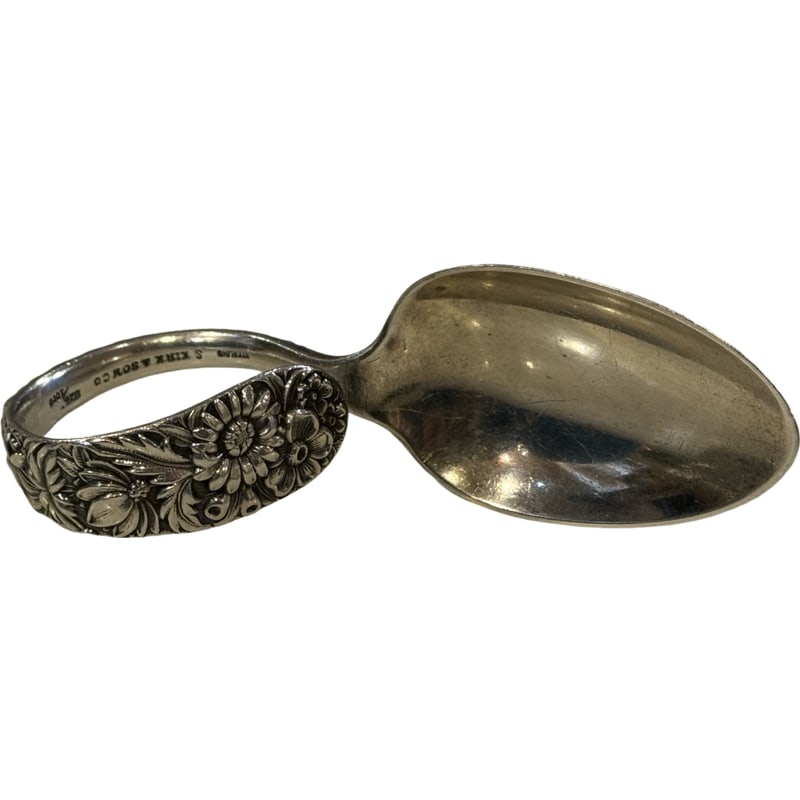 Sterling Silver S.Kirk & Son Repousse Curved Handle Baby Spoon: PLEASE READ: in house shipping within the US If you win this item, please select self arranged for in house shipping when paying invoice 3.25" 28 grams From the Charleston Estate of Charlie Prioleau