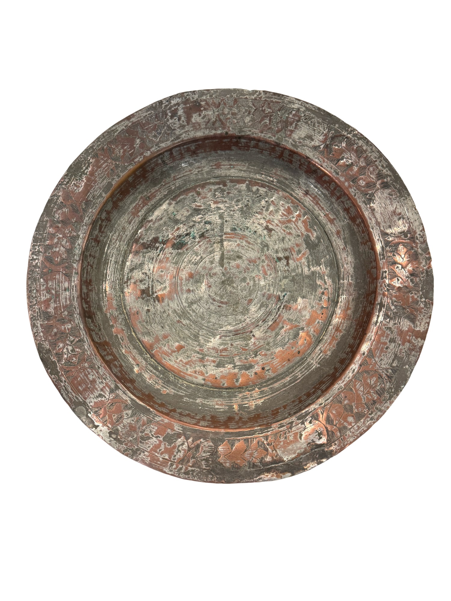 Antique Large Tinned Copper Etched Plate hand hammered: PLEASE READ: in house shipping within the US If you win this item, please select self arranged for inhouse shipping when paying invoice Large Tinned Copper Etched Plate 15" From the Charleston Estate