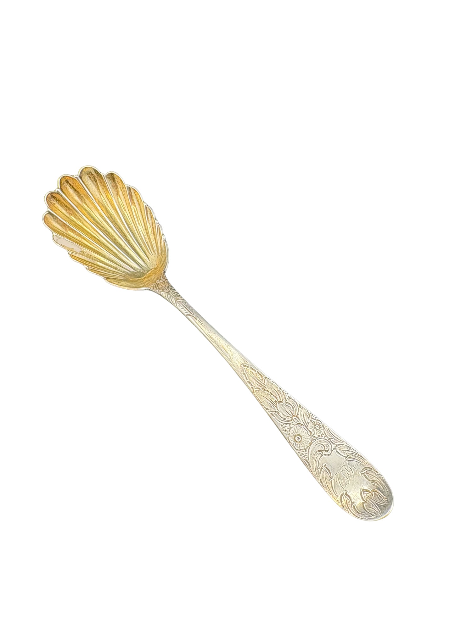 Scalloped Serving Spoon Coin Silver from Baltimore MD: PLEASE READ:in house shipping within the US. If you win this item, please select self arranged for in house shipping when paying invoice. Marked 10-15. Monogrammed handle.Approx. 9.25" long, 2" wide; 