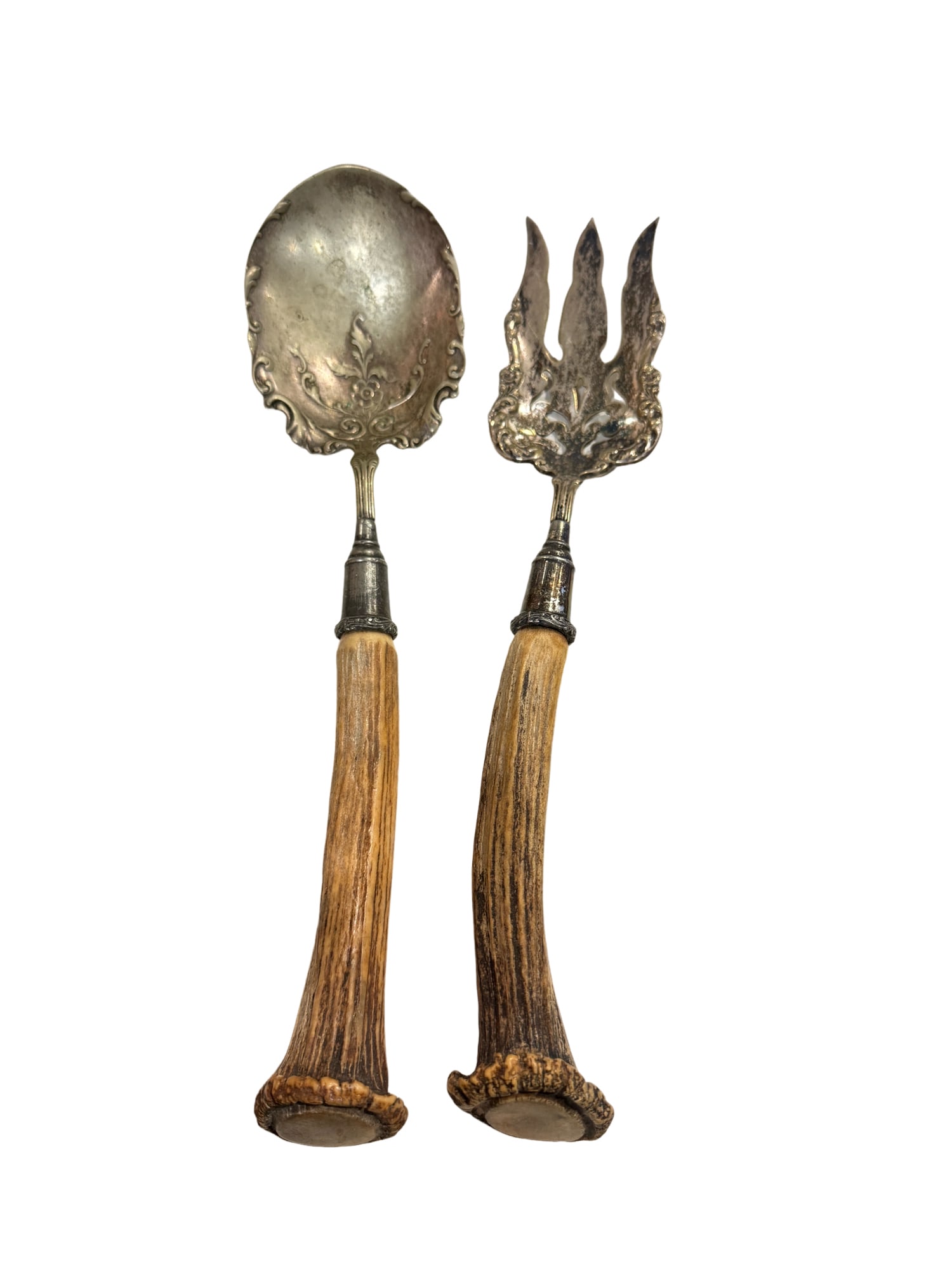 Vintage Meriden Britannia Silverplated Antler Handle Salad Serving Utensils (1 of 6)
