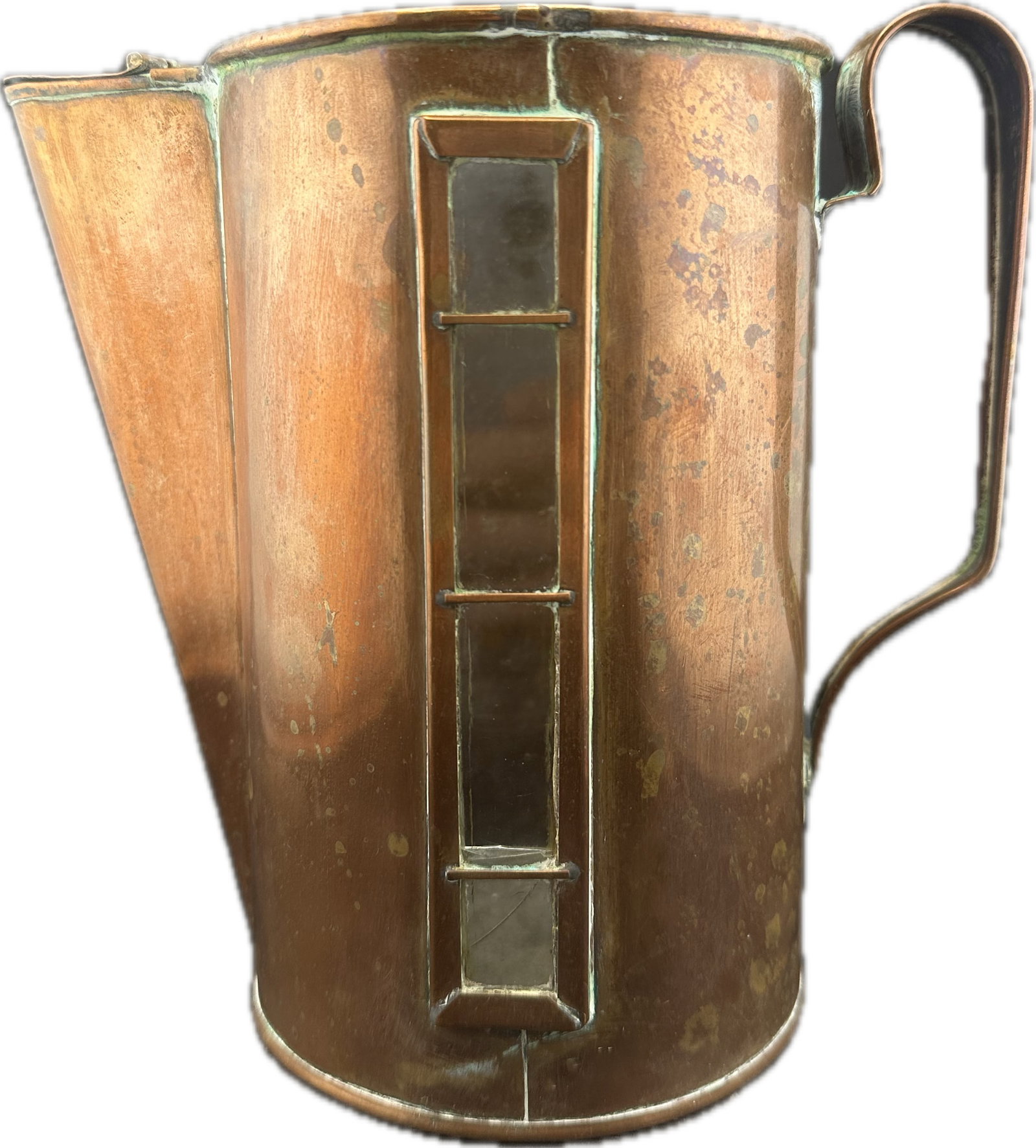 Antique Handcrafted Copper Measuring Pitcher with Glass View Window: PLEASE READ: in house shipping within the US If you win this item, please select self arranged for in house shipping when paying invoice 7.5” H 7.5” Spout Length 1.5” Spout Opening 4