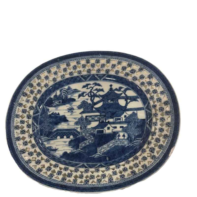 Antique Chinese Export Blue and White Porcelain Canton Reticulated Plate (1 of 4)
