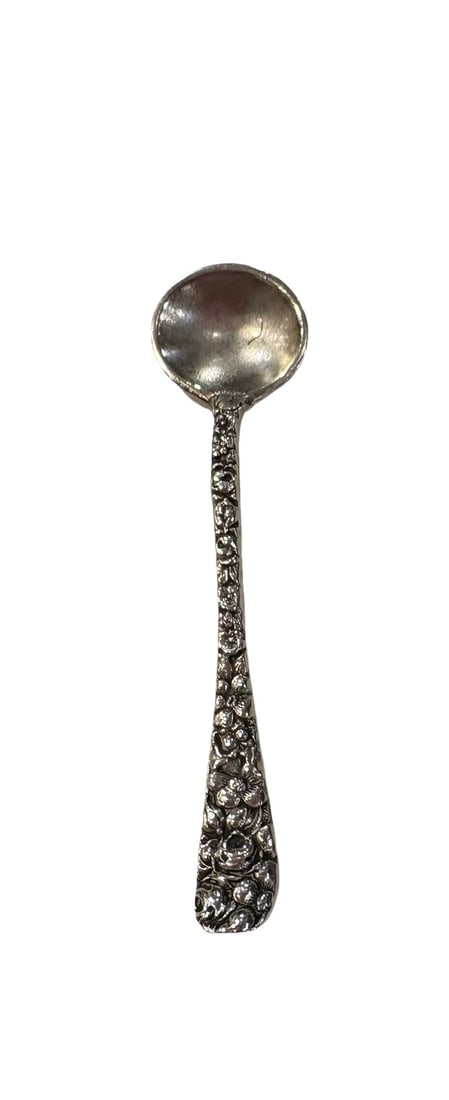 Steiff Rose Repousee Monogrammed Sterling Salt Spoon: PLEASE READ: in house shipping within the USIf you win this item, please select self arranged for in house shipping when paying invoice. Approx. 2.875”; 7g Monogrammed “ERB” From the Cha