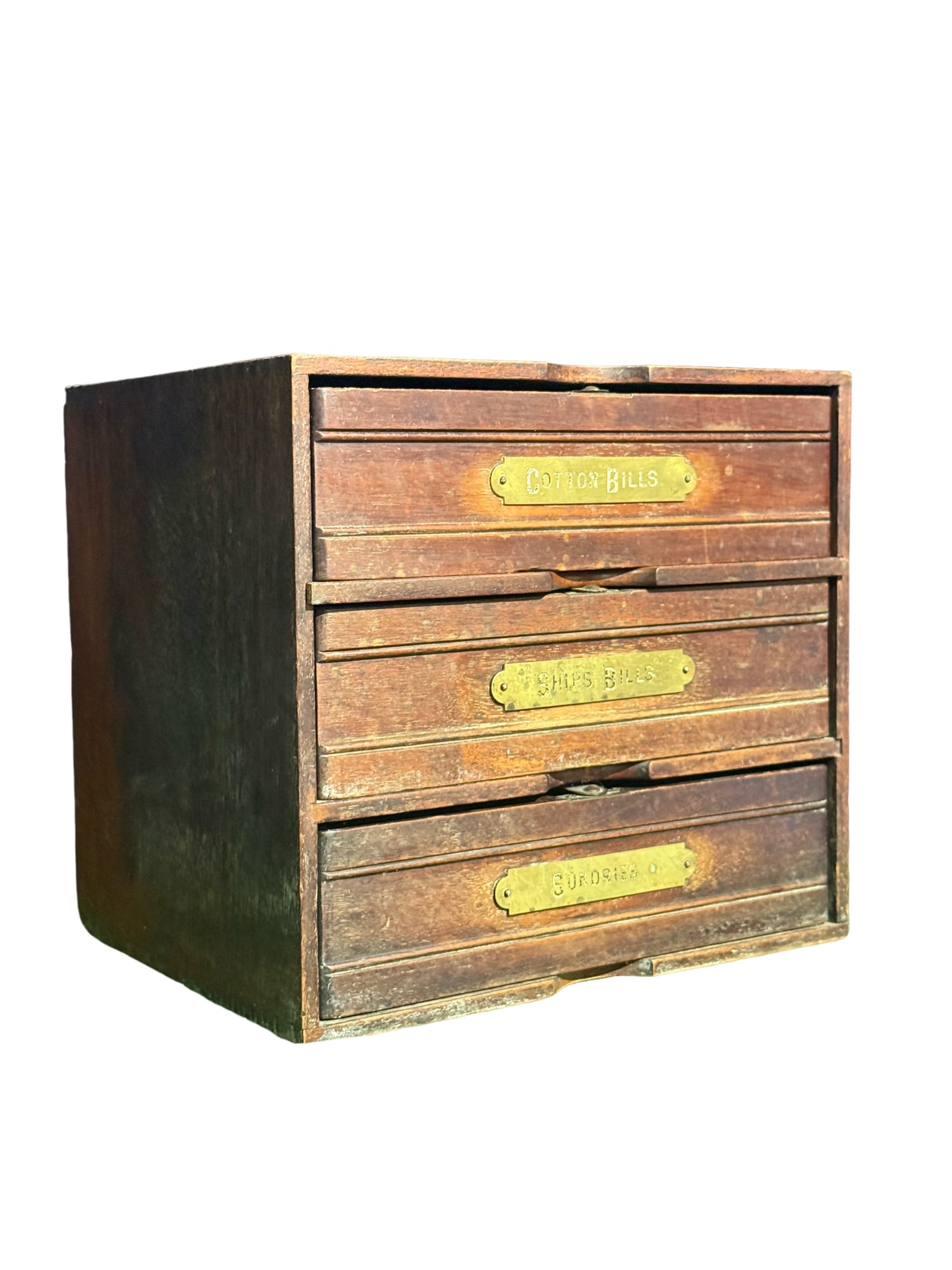Antique Three-Drawer Wood & Metal Spool Cabinet / Cotton Factor's File: Antique Three-Drawer Wood & Metal Spool Cabinet Charming antique spool cabinet constructed of wood and metal, featuring three drawers with original-style wood pulls. The cabinet includes a convenient 