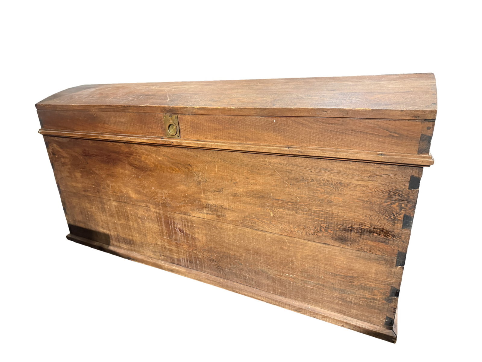 Antique Dome-Top Wooden Trunk with Iron & Bronze Hardware: Antique Dome-Top Wooden Trunk with Iron & Bronze Hardware Antique European wooden trunk featuring a distinctive dome-shaped top, iron and bronze handles, and dovetail joinery. Originally designed for 