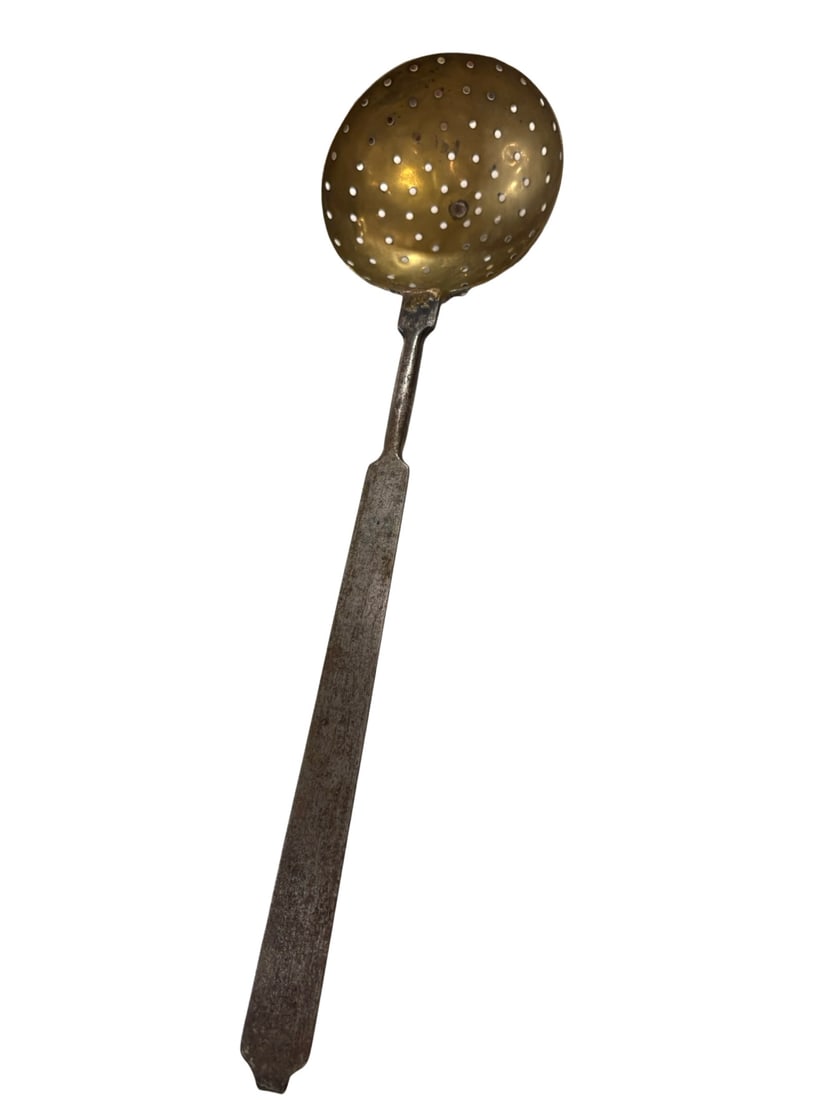 Antique 19th Century Brass Butter Skimmer Strainer with Wrought Iron Handle: PLEASE READ:in house shipping within the US. If you win this item, please select self arranged for in house shipping when paying invoice. 18.75" Long 5" Diameter of Top Long flattened forged handle wi