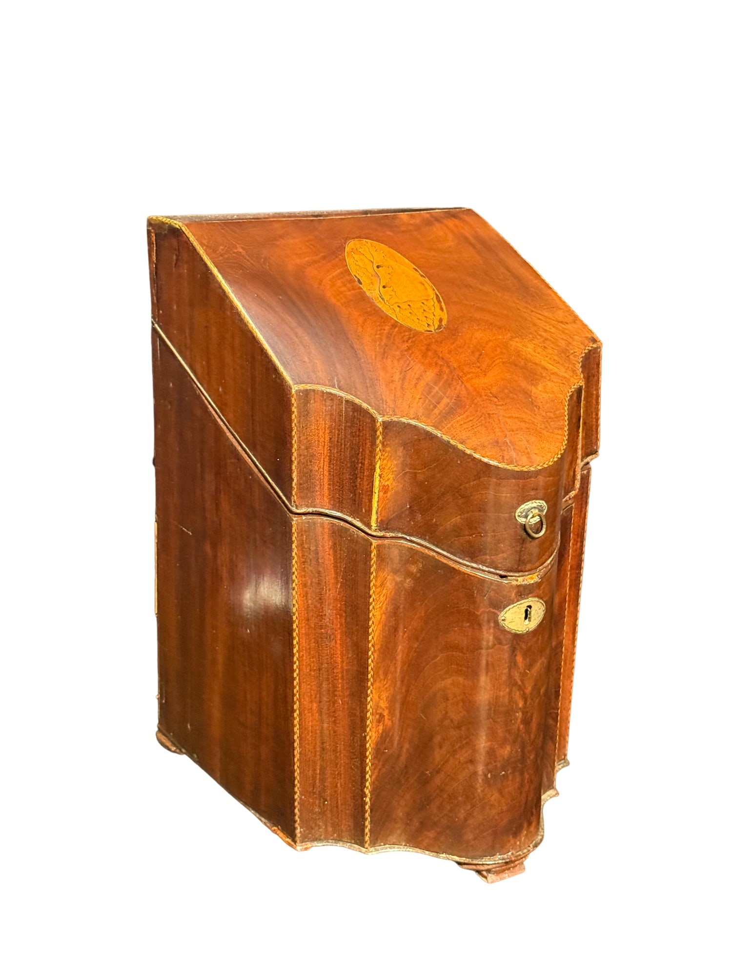 Antique Georgian Mahogany Inlaid Knife Box: Antique Georgian Mahogany Inlaid Knife Box Elegant antique mahogany knife box featuring decorative inlay and a classic Georgian form. The piece may date to the late 18th or early 19th century and disp