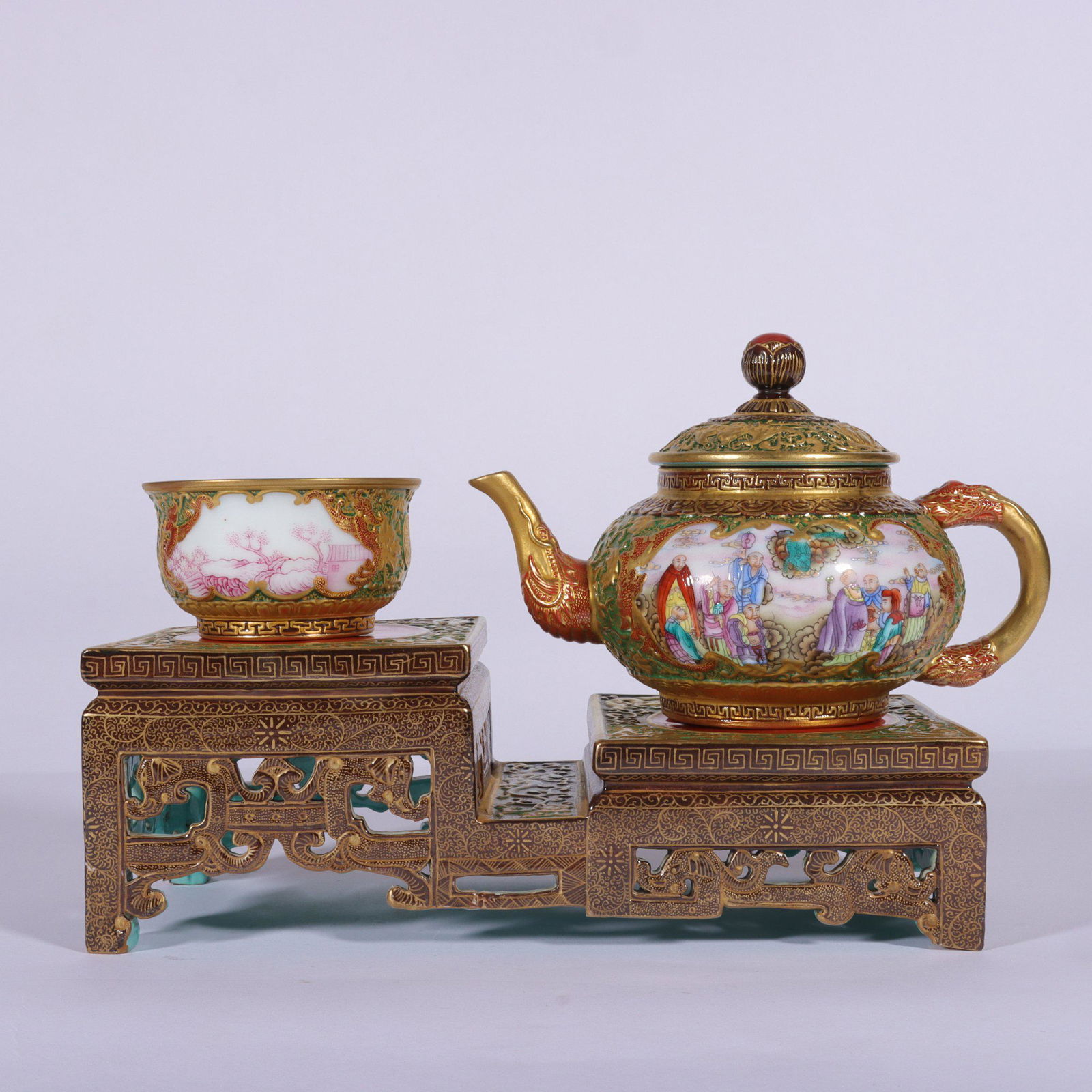 A SET OF ENAMEL COLORED CARVING EIGHTEEN ARHATS TEA SET Jan 27, 2023