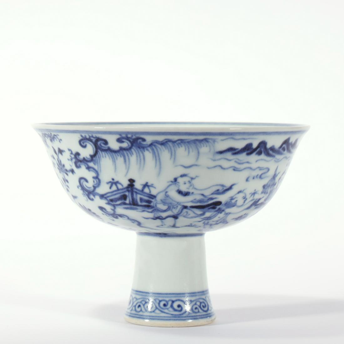 A BLUE AND WHITE CHARACTER STORY GOBLET,MING: A blue and white character story goblet,ming