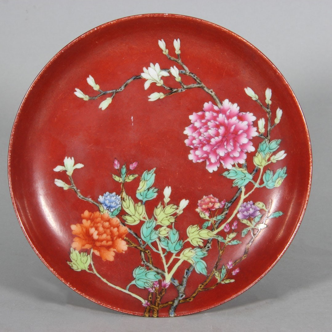 ALUM RED PASTEL PEONY FLOWER PATTERN PLATE,QING (1 of 9)