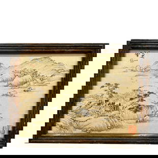 A CHINESE CALLIGRAPHY AND PAINTING"LANDSCAPE"SIGNED BY BADA SHANREN: Core36×26cm,frame 42.5×31.5cm