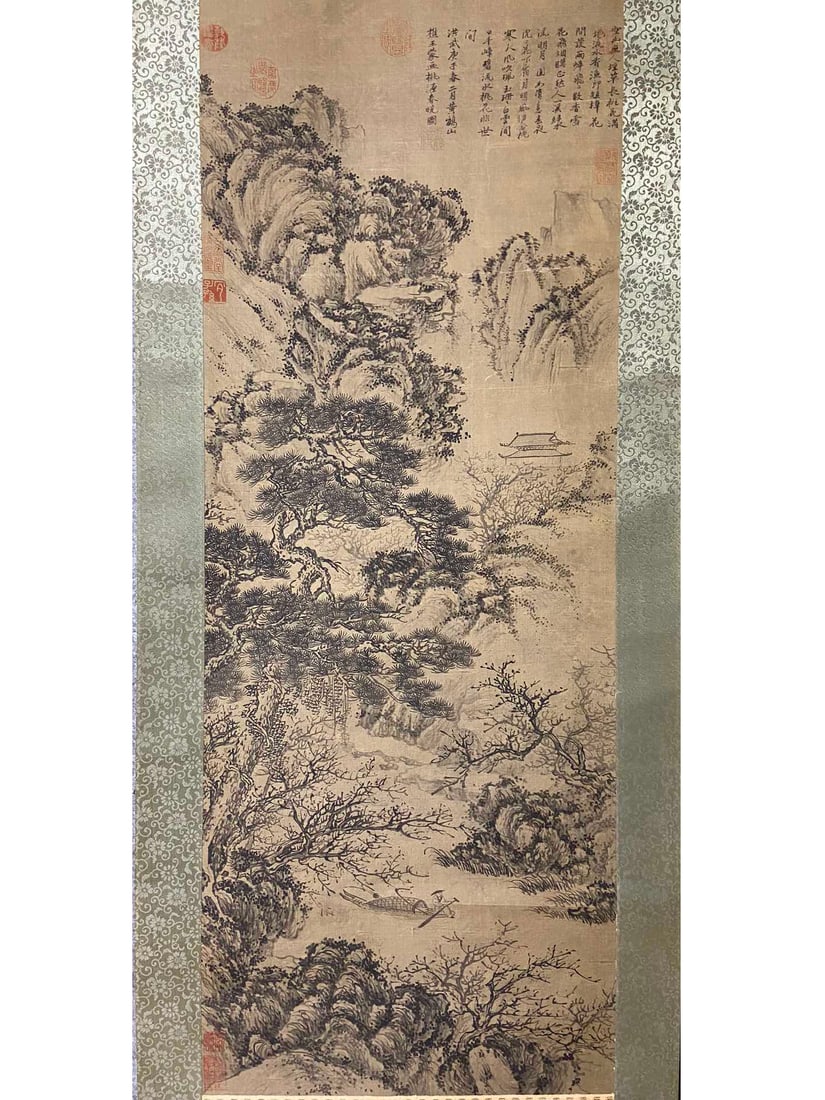 CHINESE CALLIGRAPHY AND PAINTING "LANDSCAPE" SIGNED BY WANG MENG: 110X42cm