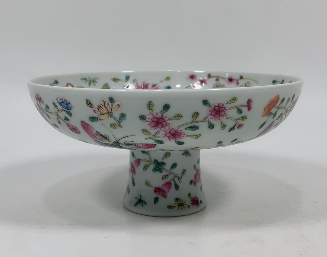 QING QIANLONG PASTEL BUTTERFLY LOVE FLOWER HIGH FOOT FRUIT PLATE: H.8.3CM D.16CM
