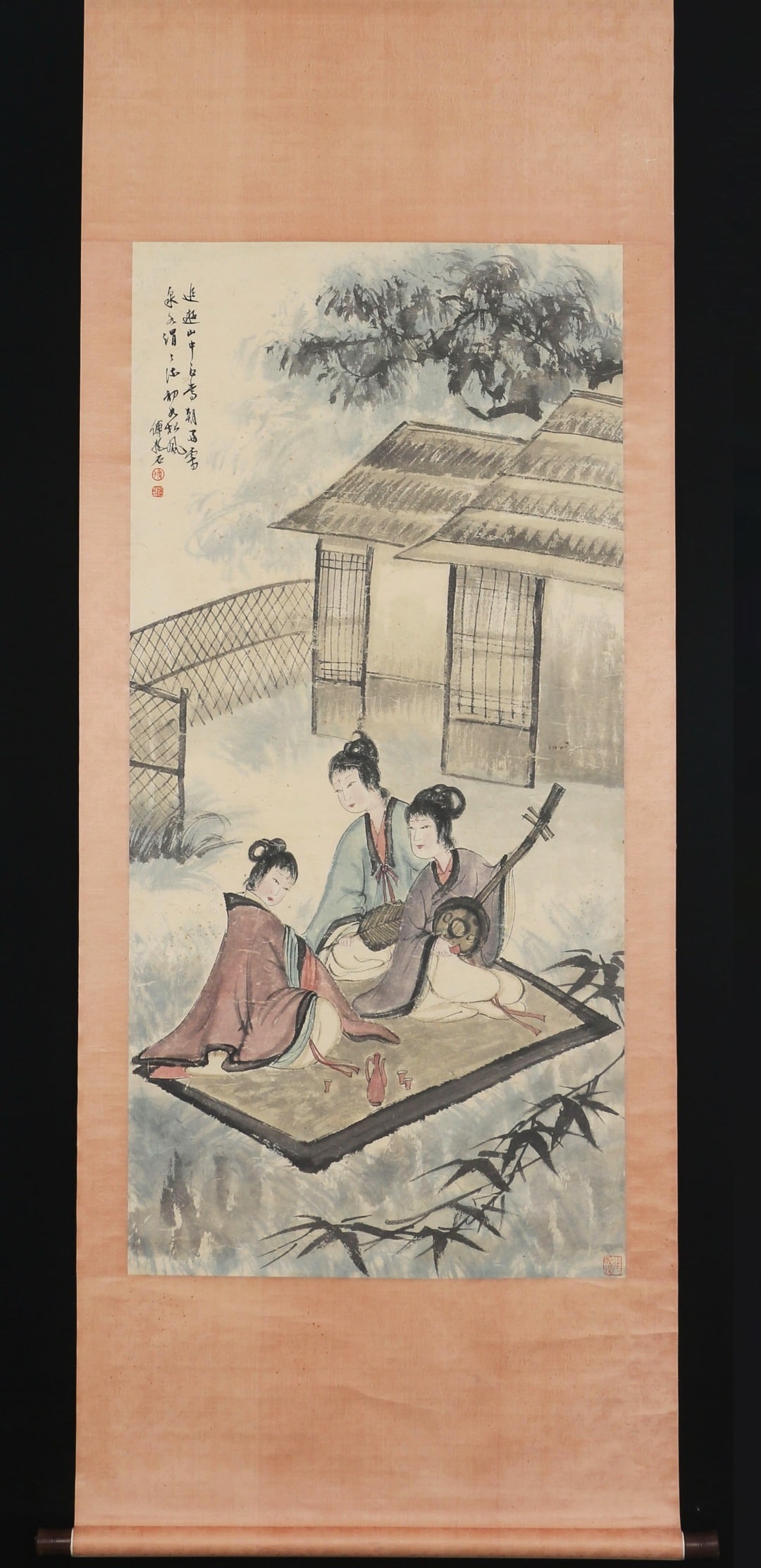 FU BAOSHI LADY FIDDLING WITH QIN: Painted heart size 140x67CM