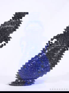 LAPIS LAZULI ANIMAL-FACE TWO-EARED VASE: Height 29cm