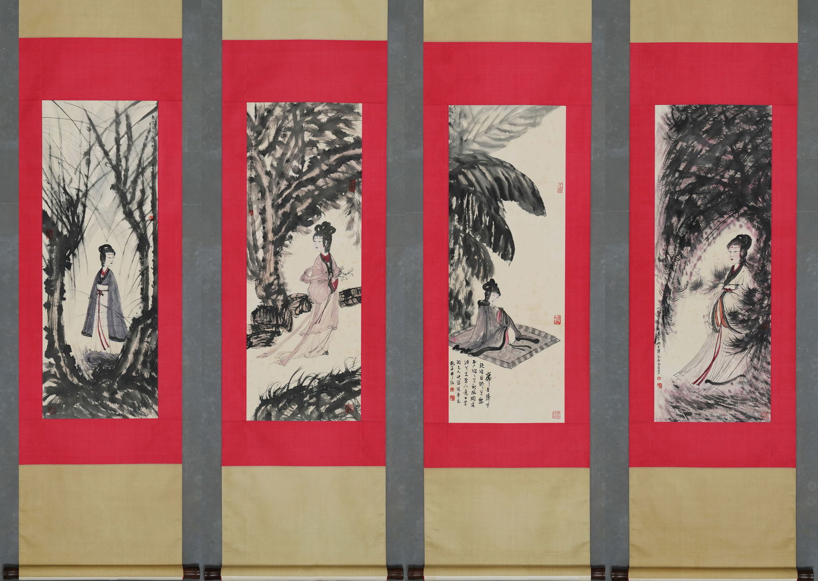 FU BAOSHI FOUR BEAUTIES FOUR SCREENS: 95x35CMx4