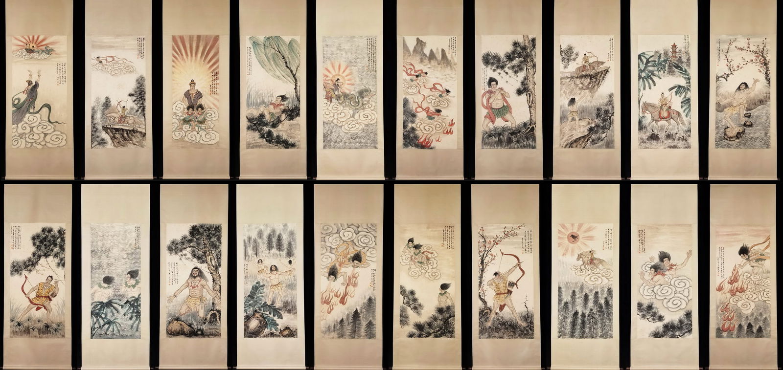 FU BAOSHI HOU YI SHOOTING THE SUN TWENTY-PANEL SCREEN: Painting Size 137x68CM